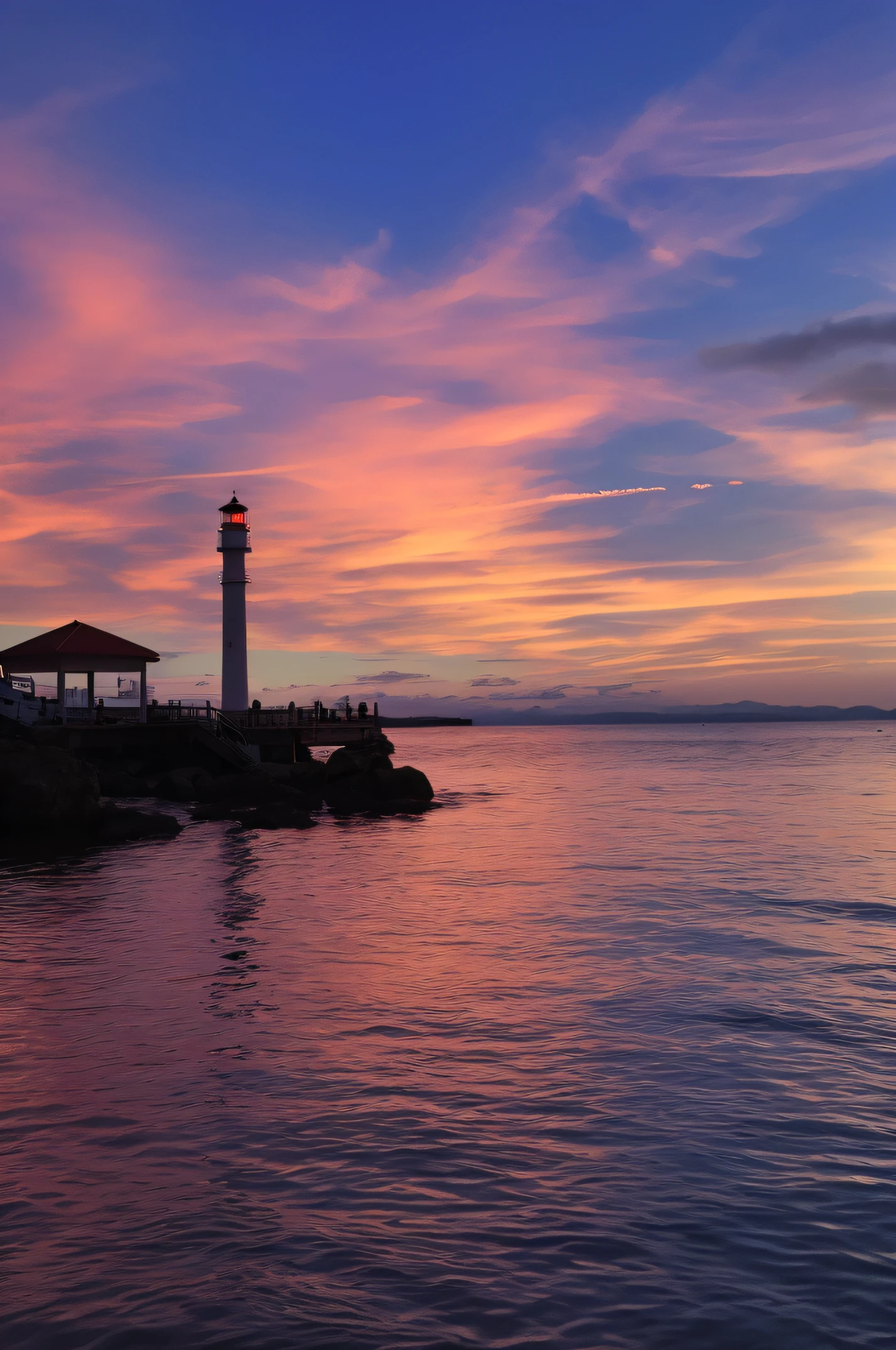 Sunset on the water,In the foreground there is a lighthouse and a pier, vibrant sky, Colorful sunset!!, Colorful sunset, pink sunset hue, sunset kanagawa prefecture, nice sunset, Pink sunset, In the evening, redpink sunset, with dramatic sky, taken with a Sony A7R camera, beautiful and spectacular dusk, Photo taken with Sony A7R, Warm glow --auto
