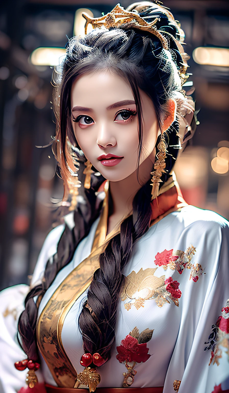 top-quality、masterpiece、hight resolution、Wuxi 1girl、(gold Chinese dress)、(((Super beautiful face)))、Super beautiful eyes、Super beautiful hair、((cleavage of the breast))、((exposed breast))、((Sexy cleavage、very highly detailed breasts))、