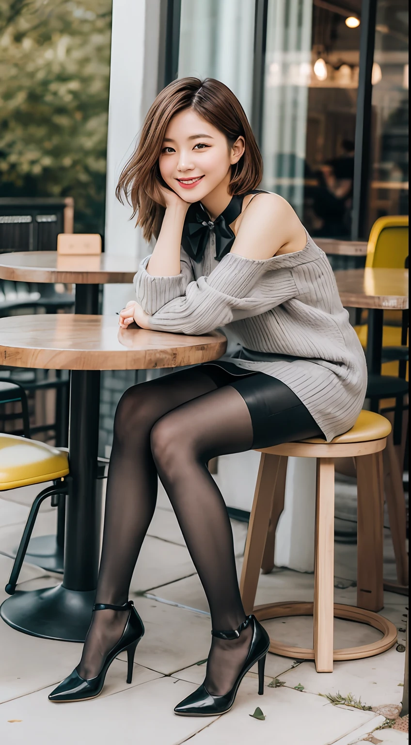 8k uhd, dslr,film grain, Fujifilm XT3,(best quality:1.3), (masterpiece:1.1), high resolution, cinematic light, intricate details, (photorealistic),outside,beautiful outside,sunny,
korean girl,(in cafe:1.5) , dimples, bobcut, looking at viewer, detailed trees, ribbons, bowties, bare shoulders, ribbed sweater, 
pencil skirt, high-waist skirt, head rest, sitting, indoors,
 necklace,black pantyhose, sheet transportation sweater, (smile),(full body:1.6),slender,