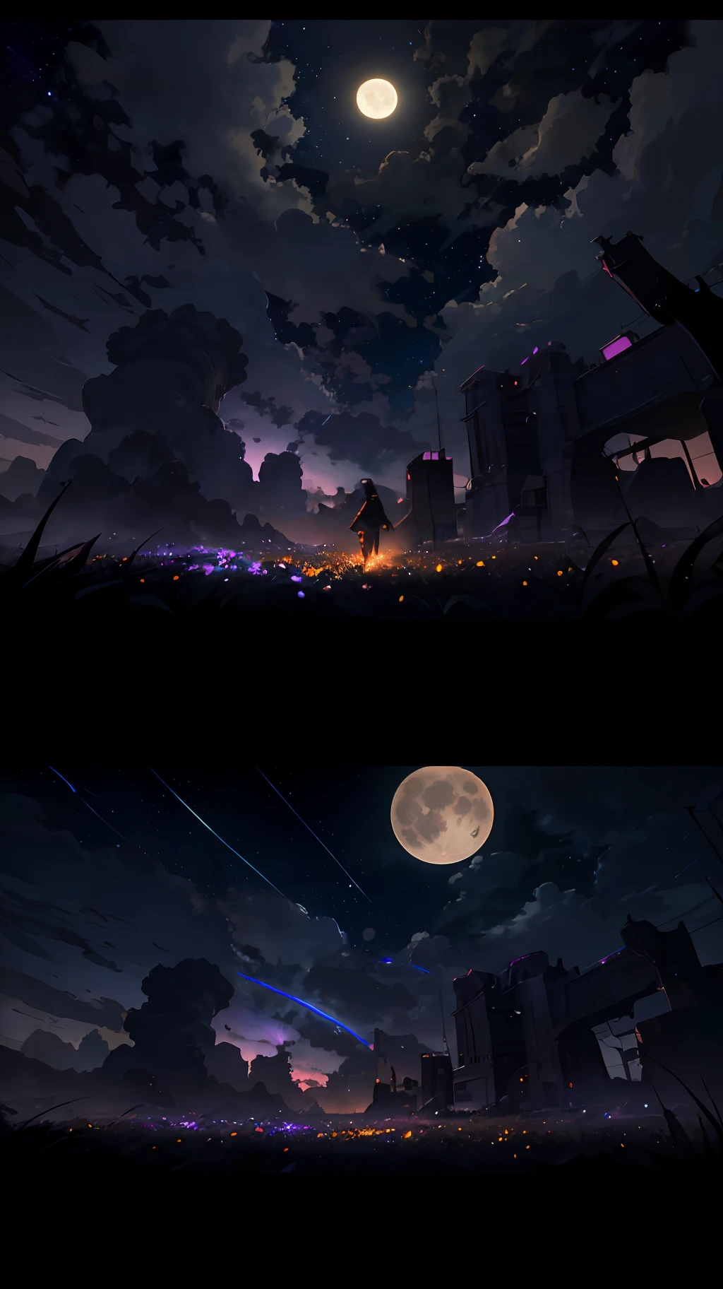 expansive landscape photograph , (a view from below that shows sky above and open field below), a girl standing on flower field looking up, (full moon:1.2), ( shooting stars:0.9), (nebula:1.3), distant mountain, tree BREAK
production art, (warm light source:1.2), (Firefly:1.2), lamp, lot of purple and orange, intricate details, volumetric lighting BREAK
(masterpiece:1.2), (best quality), 4k, ultra-detailed, (dynamic composition:1.4), highly detailed, colorful details,( iridescent colors:1.2), (glowing lighting, atmospheric lighting), dreamy, magical, (solo:1.2)