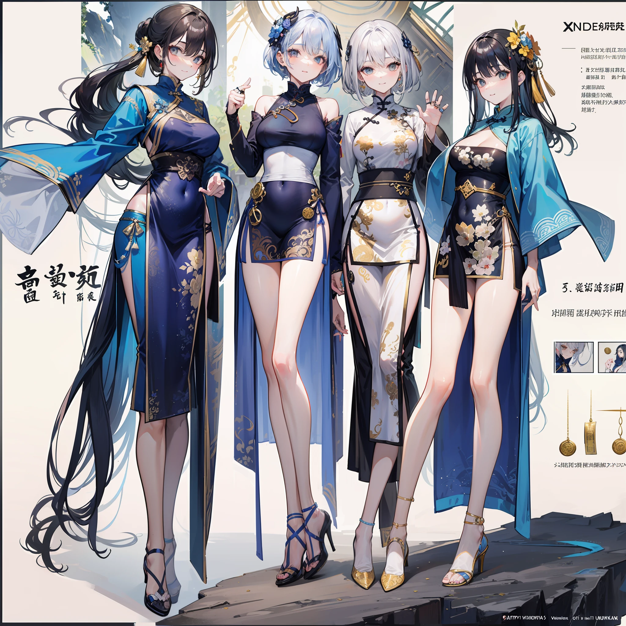 Adult woman, sexy, navy blue hair, The ends of gray hair, hairlong, beautiful hairstyle, hair ornament, white eyes, Chinese Clothing, Ornaments, Rings, Heels, Ancient Chinese themes, looking a viewer, Happy smile, overhead view, Lies on the money, gold coins, A mountain of money, Fantasy art, Beautiful painting of characters, Works of art in the style of Guvaika, epic exquisite character art, stunning character art, Beautiful rich Woman, perspective, really happy, closed eye, overhead view(reference sheet:1.5)