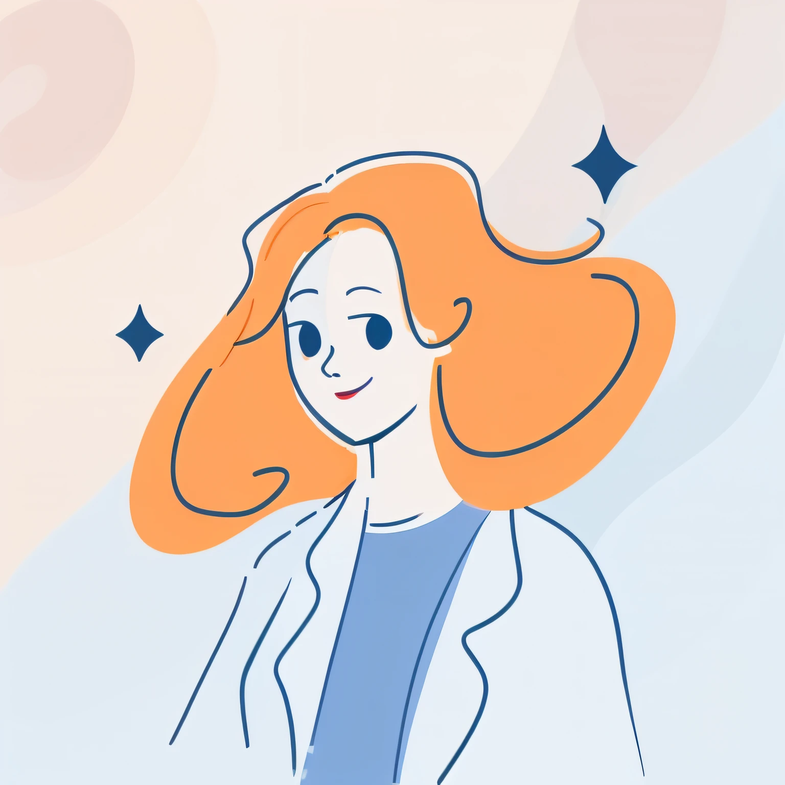 There is a dietitian，illustration line art style，Simple and clean，2D cartoon style，The red-haired woman smiled，Long reddish-orange hair，Simple cartoon style，vector line - art style