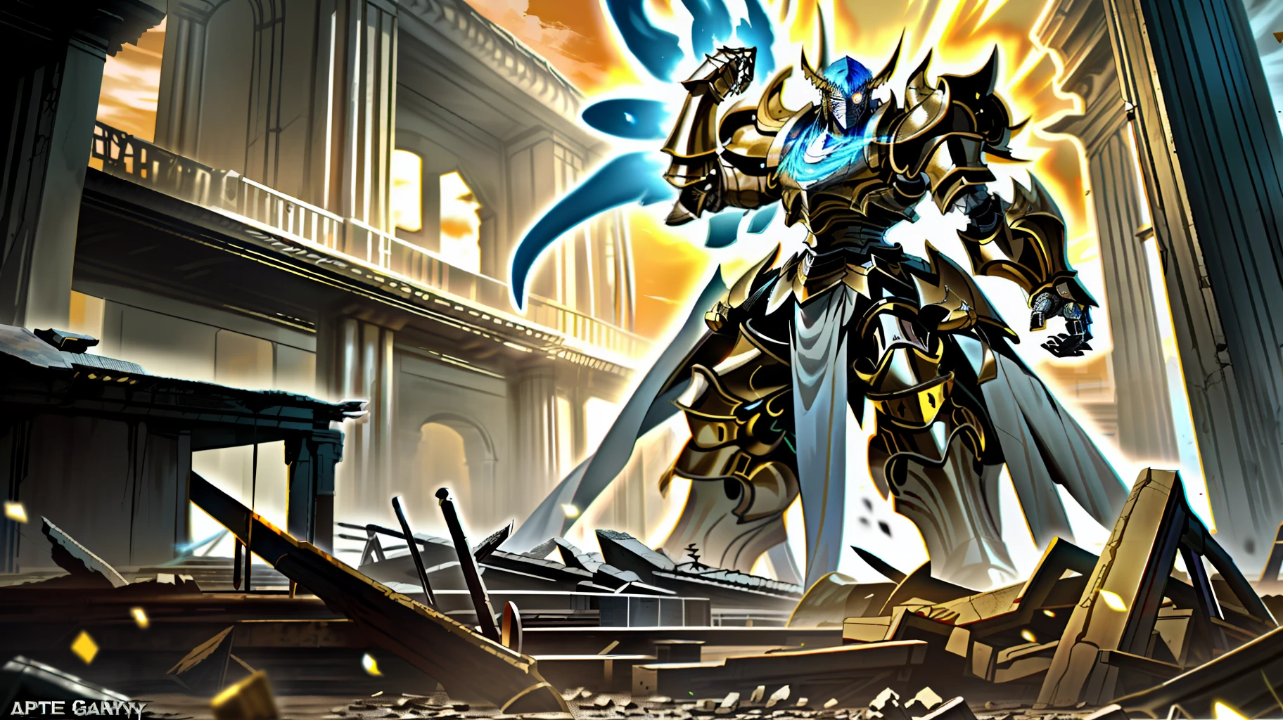 Two Golden Titans attack each other,A one-eyed mythical titan with pure golden eyes glowing red,immensity,Heavy artillery installations,Super heavy armor,Great power,A Apotheosis Titan with silver-white eyes glowing blue,Light armor,Thin,background is the ruins,Collapsed houses,The light of the setting sun,Soft light,8k,ssee-through, cinematic shadow, Sharp focus, A high resolution, photography of, Realiy,Scattered pieces of iron in all directions