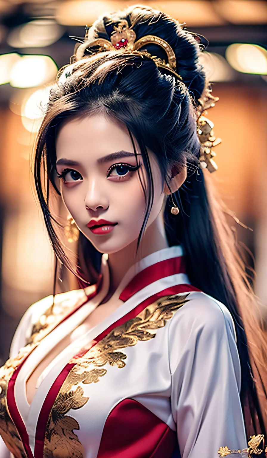 top-quality、​masterpiece、hight resolution、Wuxi 1girl、(gold Chinese dress)、(((Super beautiful face)))、Super beautiful eyes、Super beautiful hair、((cleavage of the breast))、((exposed breast))、((Sexy cleavage、very highly detailed breasts))、