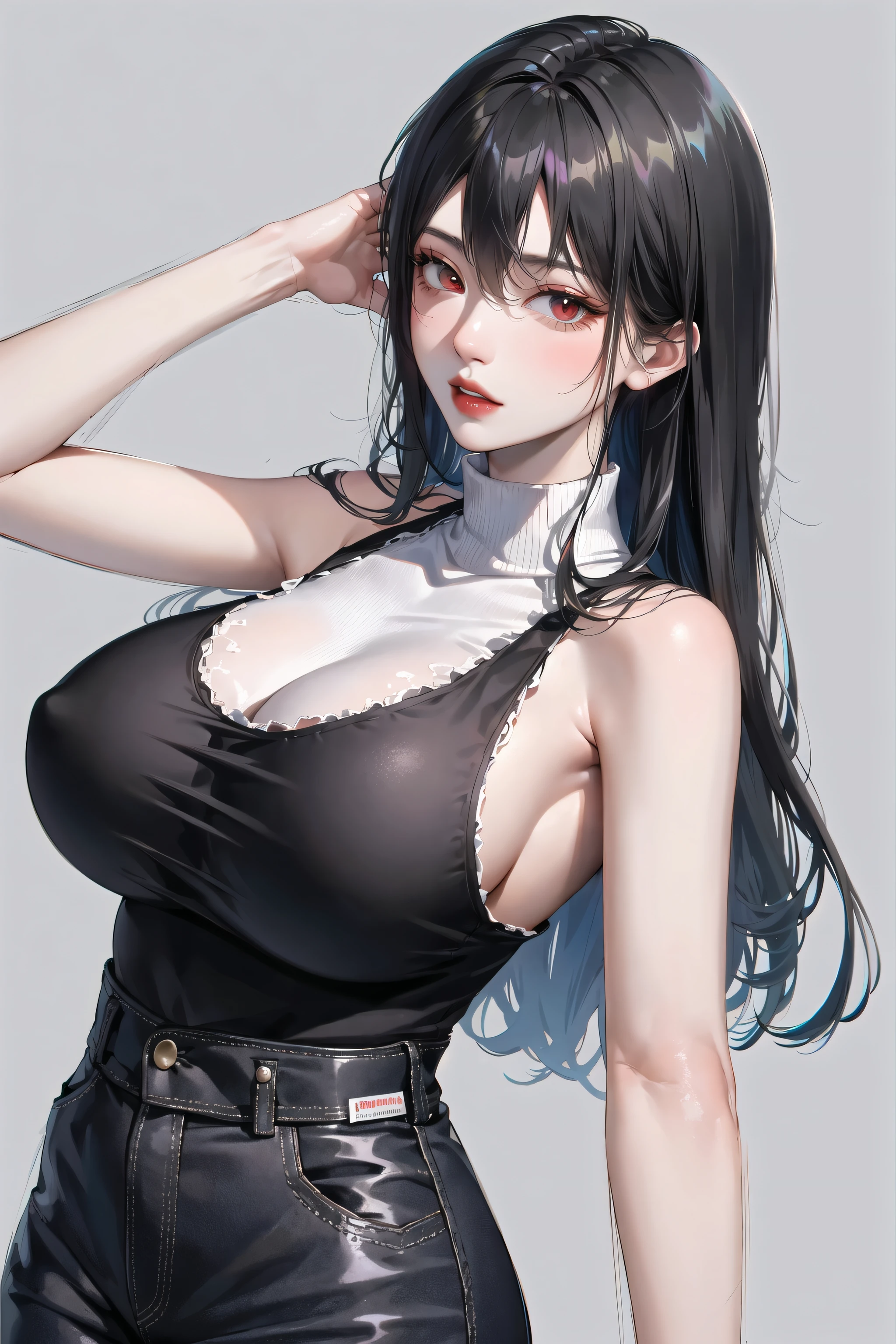 1girl, bangs, bare shoulders, black pants, breasts, breasts squeezed together, grey background, hair between eyes, huge breasts, long hair, looking at viewer, pants, parted lips, red eyes, shirt, simple background, sleeveless, sleeveless shirt, solo, turtleneck, v arms, white hair,(shiny skin),(masterpiece:1.4),(best quality:1.4),mature female,fashi-girl,red lips