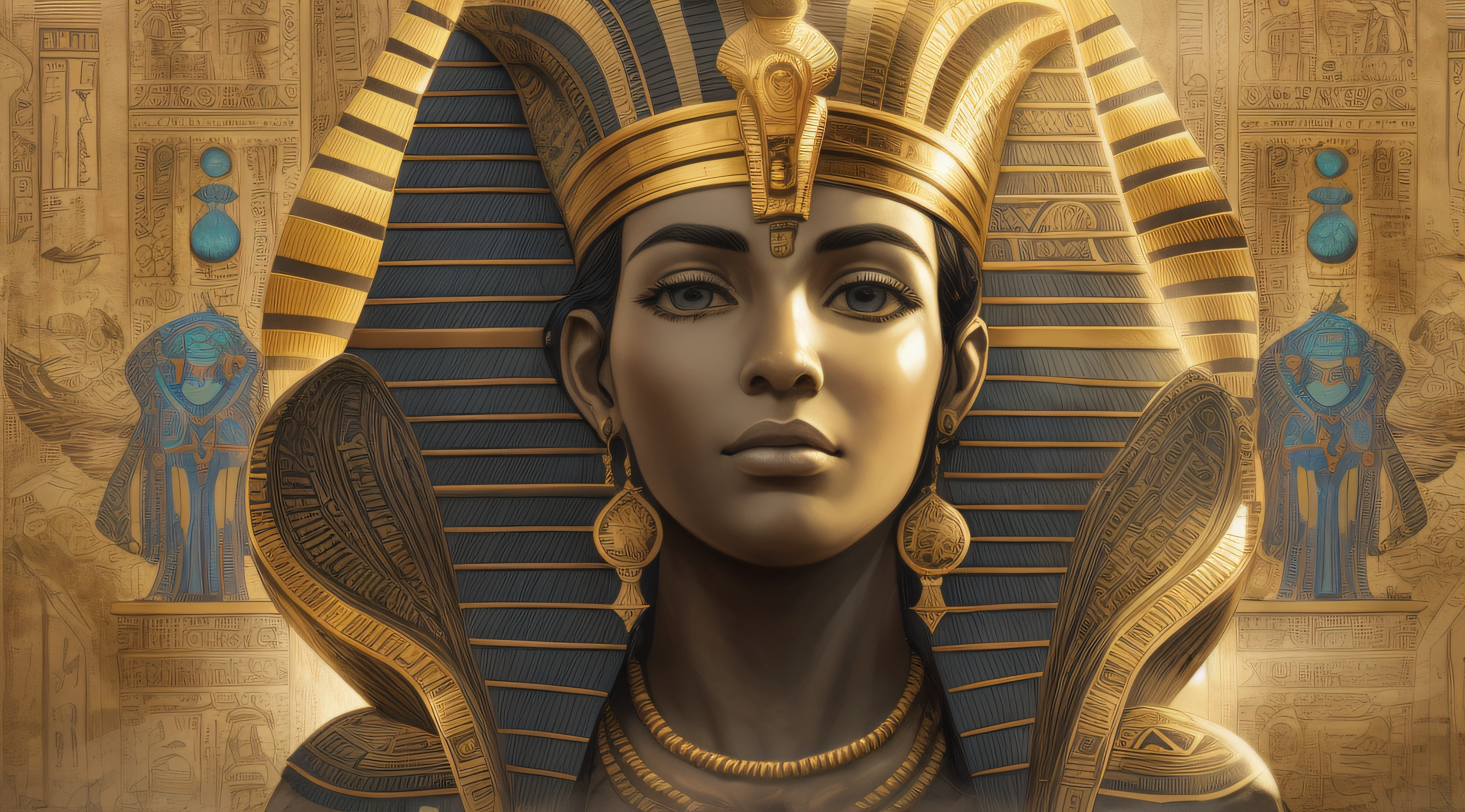((lifelike lighting, Melhor qualidade, 8K, Obra-prima: 1.3)), Foco claro: 1.2,Princesa do Egito Antigo:
Majestic
Golden royal costumes
Wise and determined look
Flowing black hair
Pyramids in the background
Serene Nile River
Hieroglyphics on the walls
Statues of Egyptian gods
Power symbols on your hand
Bright colors and black outlines
Aura of mystery and spirituality