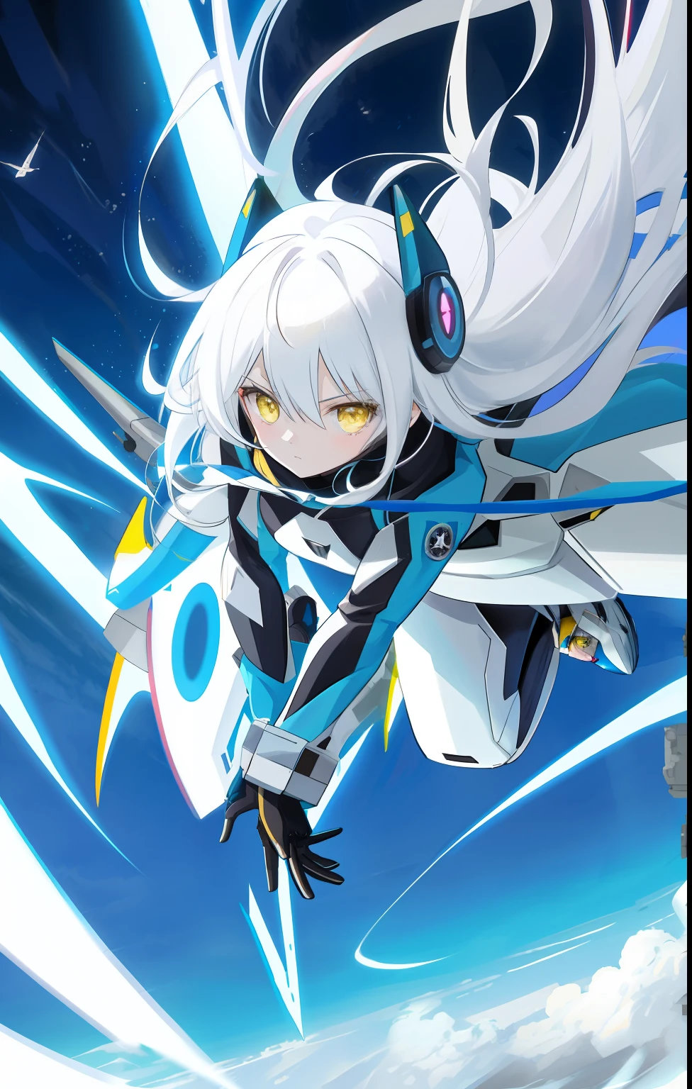 solo, superhero, anime girl in a futuristic suit flying through the air, white hair, yellow eyes, air powers, wind rushing around body