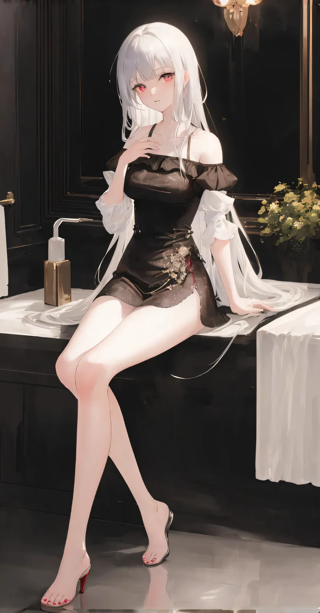 Anime girl sitting at the counter in the bathroom with Guvez style artwork, Guviz, beautiful and seductive anime woman, seductive anime girls, Barefoot，guweiz masterpiece, Anime girl wearing black dress, cute anime waifu in a nice dress, Guweiz in Pixiv ArtStation, from girls frontline