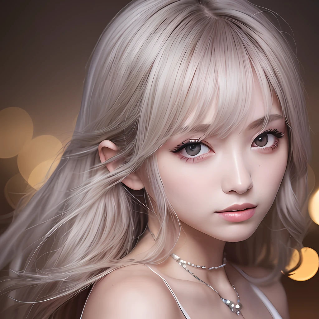 top-quality, masterpiece, high_res, 1girl, hair adornments, a necklace, jewely, beautiful countenance, Tindall Effect, photographrealistic, Rim Lighting, two tone lighting, (High Detail Skins:1.2), Digital SLR, Soft lighting, hightquality, volume illumination, Frankness, a picture, hight resolution, 4k, 8k, bokeh dof, medium chest, absurderes, white hair color, Body view from head to knee, brown-eyed, Transparent pink dress、Rosy Zhao、eyes with a large glow、A slight smil
