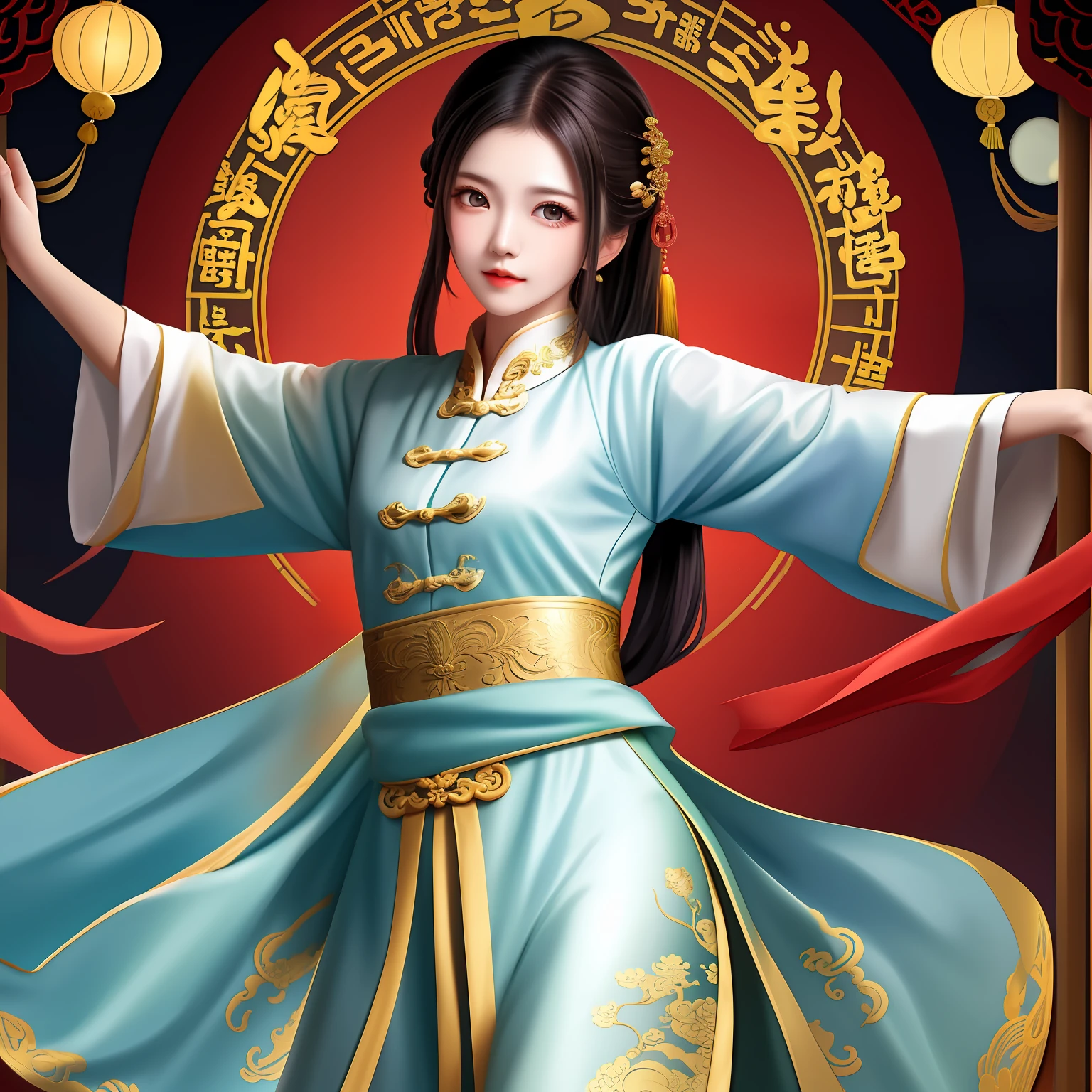 Monge budista em Postura dd Kung Fu com roupa tradicional chinesa, lua ao fundo com templo shaplim
