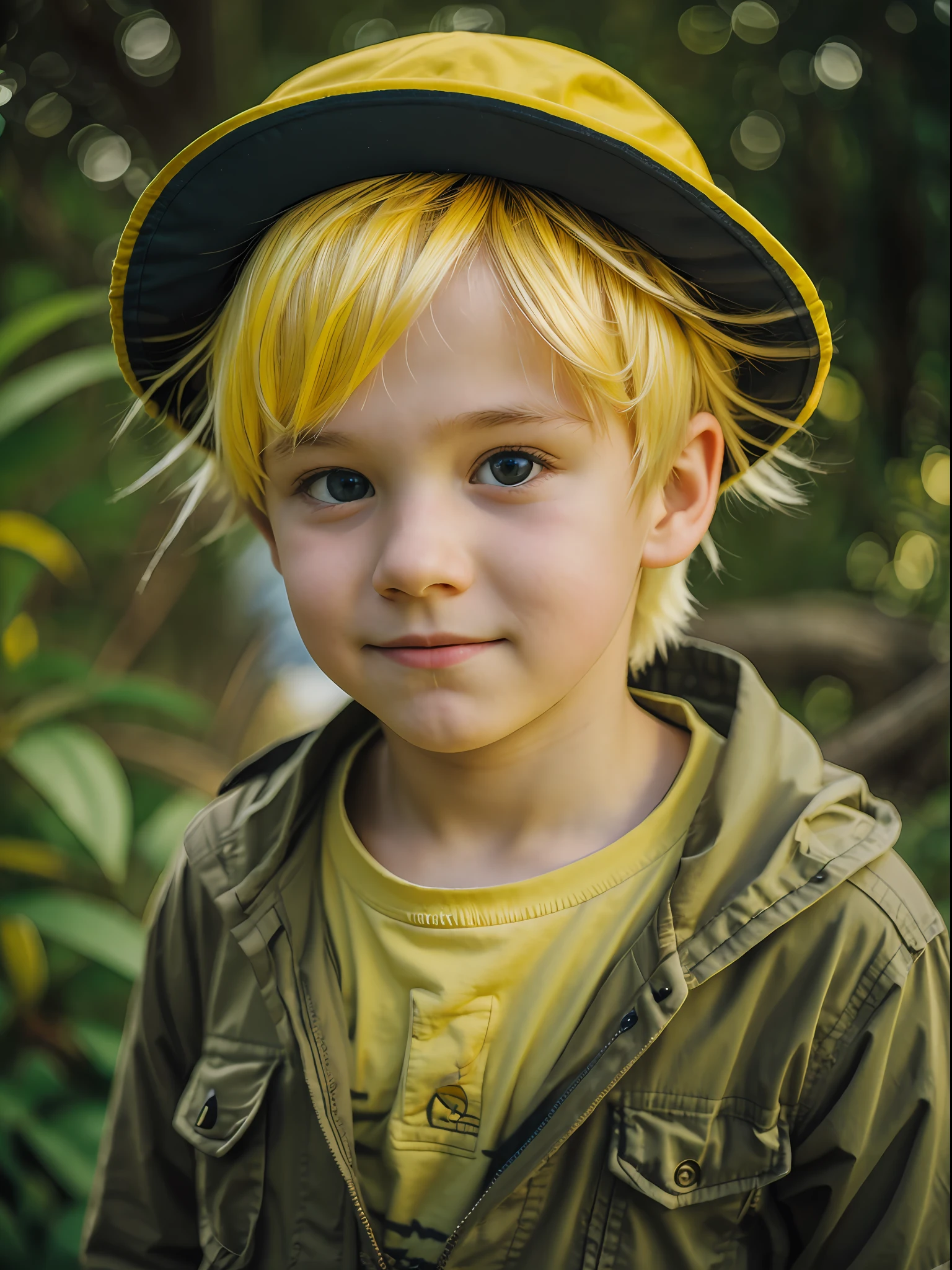 a young boy with yellow hair,bright eyes,wearing an adventure hat,face to the far way, --auto --s2