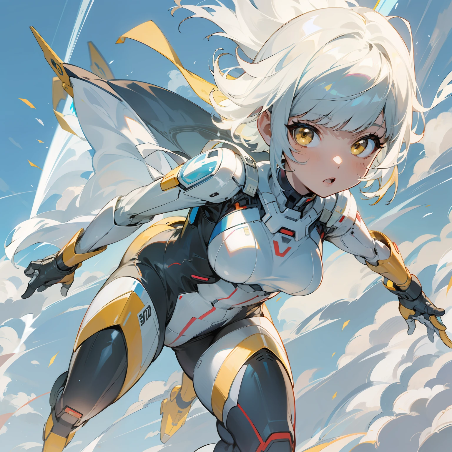 solo, superhero, anime girl with short white hair in a futuristic suit flying through the air, yellow eyes, blunted bangs, air powers, wind rushing around body, blue sky in background