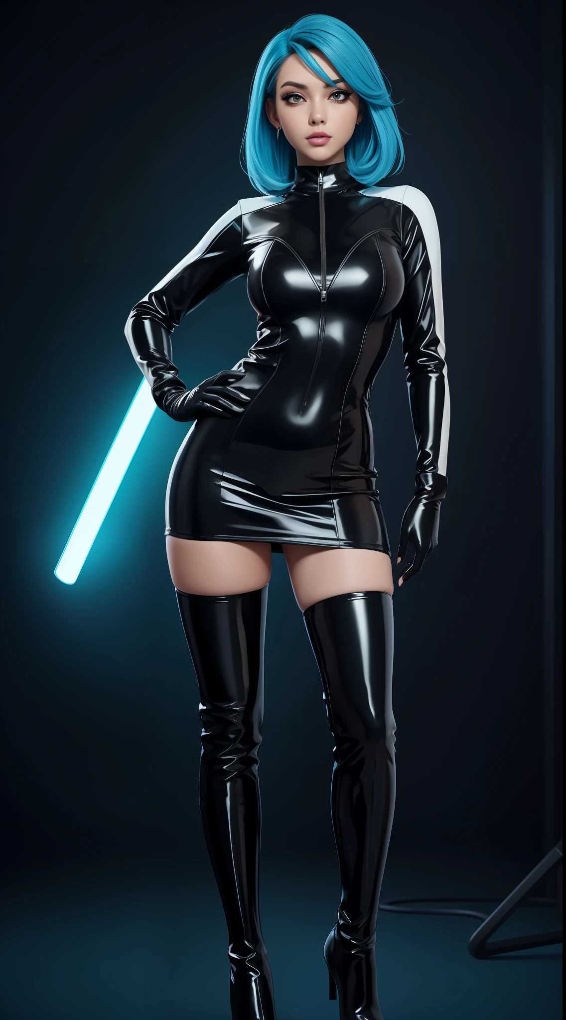 solo, super fine photo, upper half body photo portrait Unreal Engine 5 8K UHD, black and white color scheme futuristic tight and thick latex office outfit, slim body, futuristic design, latex long glove, latex thigh boots, energetic fabric short dress, black stocking, cyan neon light details, beautiful make up, best quality, masterpiece, unified 8k wallpaper, super detailed, sharp focus, sexy pose,