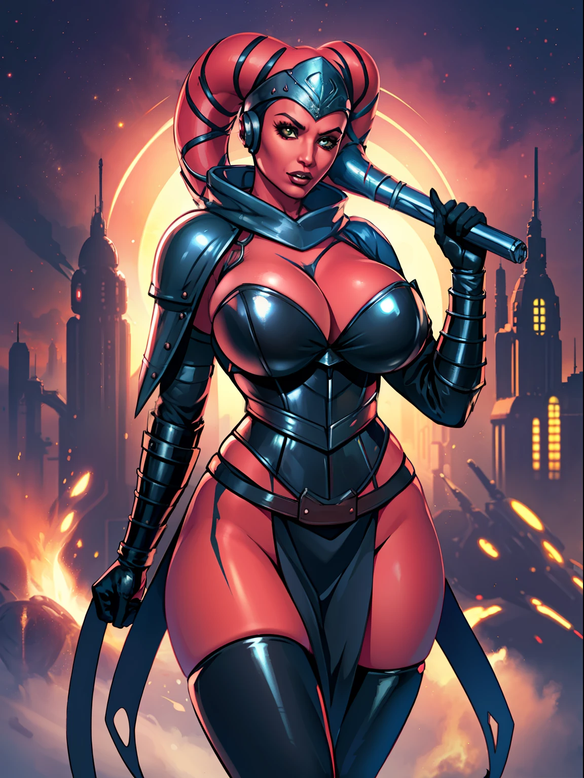 Sexy big tits Twi'lek, busty, ((red skin), twi'lek), evil space knight, space ninja, (wearing (((modest))) black tunic, cowl, cloak, gloves, leggings, straps, buckles, corset, long skirts, long sleeves, fantasy, ((armor))), ((busty), slender body, thin, slim sexy body, slim waist, ((huge breasts))), Imperial starship, Star Wars,