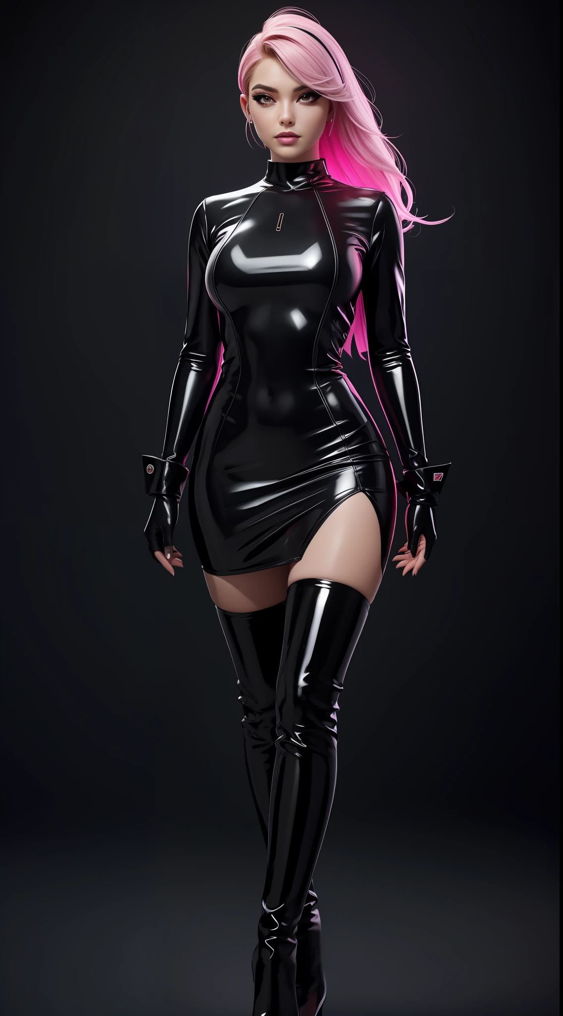 solo, super fine photo, upper half body photo portrait Unreal Engine 5 8K UHD, black and white color scheme futuristic tight and thick latex office suit, slim body, futuristic design, latex long glove, latex thigh boots, energetic fabric short dress, black stocking, red neon light details, beautiful make up, best quality, masterpiece, unified 8k wallpaper, super detailed, sharp focus, sexy pose,