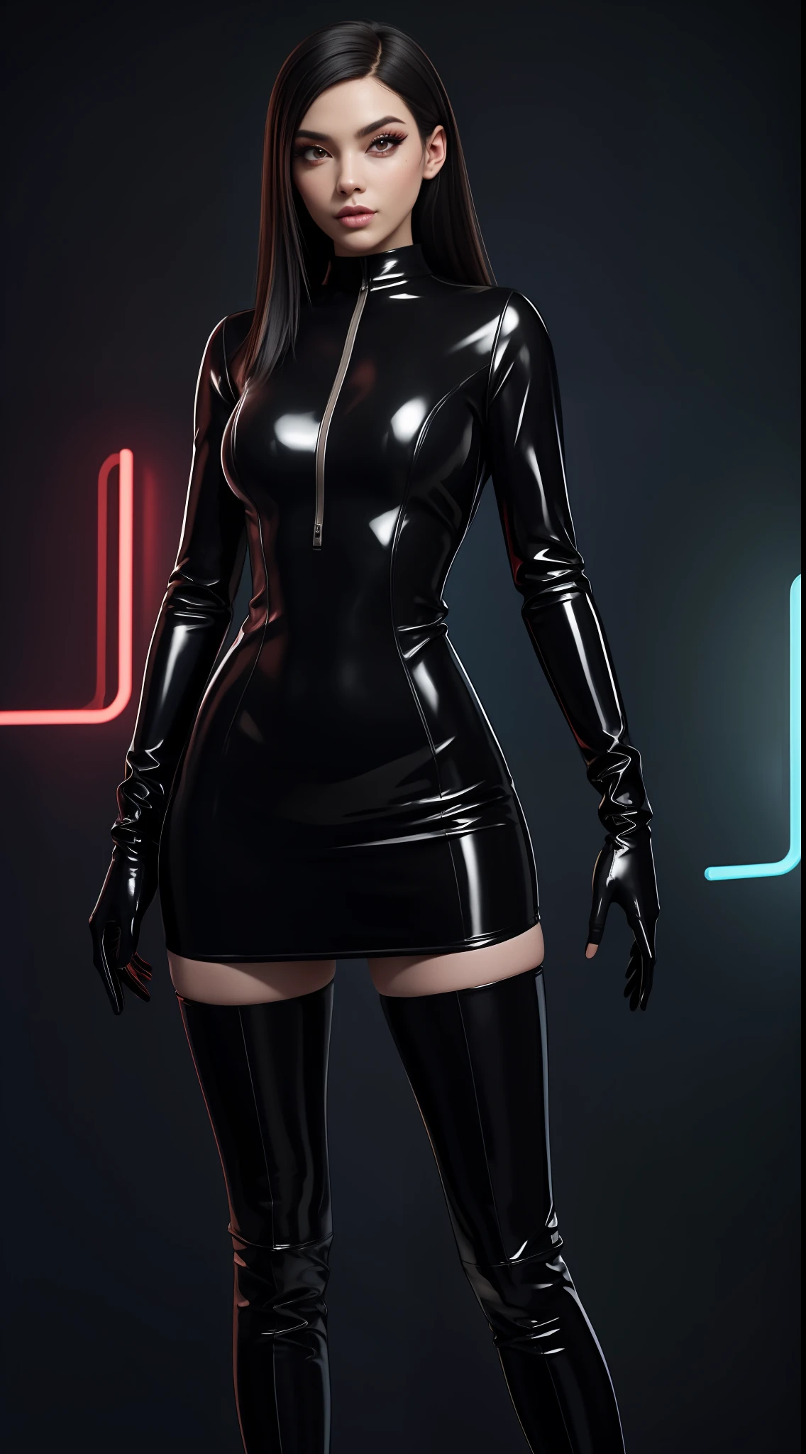solo, super fine photo, upper half body photo portrait Unreal Engine 5 8K UHD, black and white color scheme futuristic tight and thick latex office suit, slim body, futuristic design, latex long glove, latex thigh boots, energetic fabric short dress, black stocking, red neon light details, beautiful make up, best quality, masterpiece, unified 8k wallpaper, super detailed, sharp focus, sexy pose,