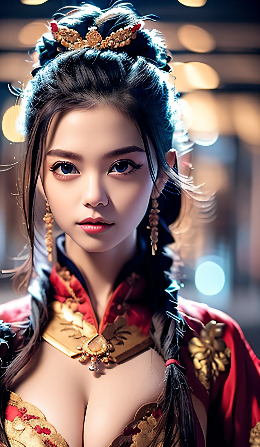 top-quality、​masterpiece、hight resolution、Wuxi 1girl、(gold Chinese dress)、(((Super beautiful face)))、Super beautiful eyes、Super beautiful hair、((cleavage of the breast))、((exposed breast))、((Sexy cleavage、very highly detailed breasts))、