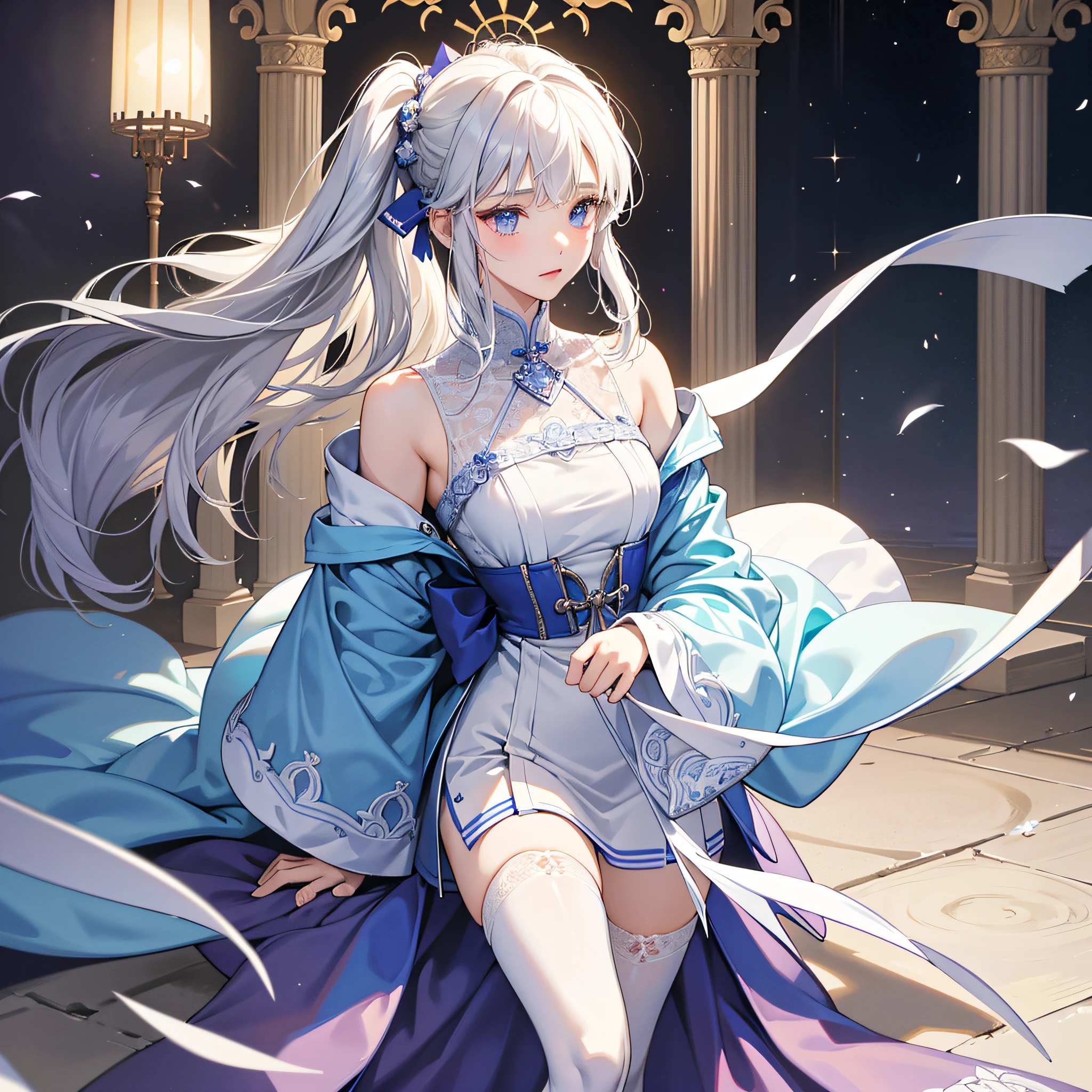 best qualityer、exquisite：1.2）、超高分辨率、realisticlying、forward light、The details are complex、Exquisite details、The texture is exquisite、1 mature mature girl（rosette）、alone、、、（年轻、Absolutely lovely、）、face highlight、plumw、detail in face、white skinned、silber hair、pony tails、braidedhair、Observe the audience、largeeyes、Silk robes、（hollow pattern、white colors、、silkouette）、耳Nipple Ring、little breast、slimfigure、Deluxe room、Professional lighting、photon maping、Radio City、physically-based renderingt、（Pull up the skirt、White stockings visible）Two-dimensional god Sato Ayaka --auto