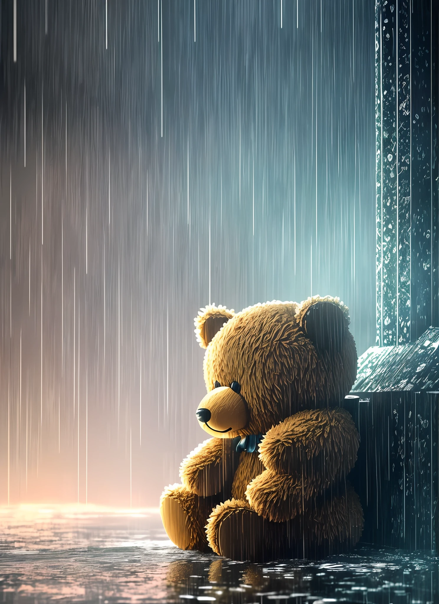 "Soaked plush teddy bear,bitcoin, (cyber punk perssonage:1.1),rainy days,Epic realism,Lutkovsky,HighDynamicRange,Fine and dense,super detailing,Cinematic picture,rim-light,pastelcolor"。