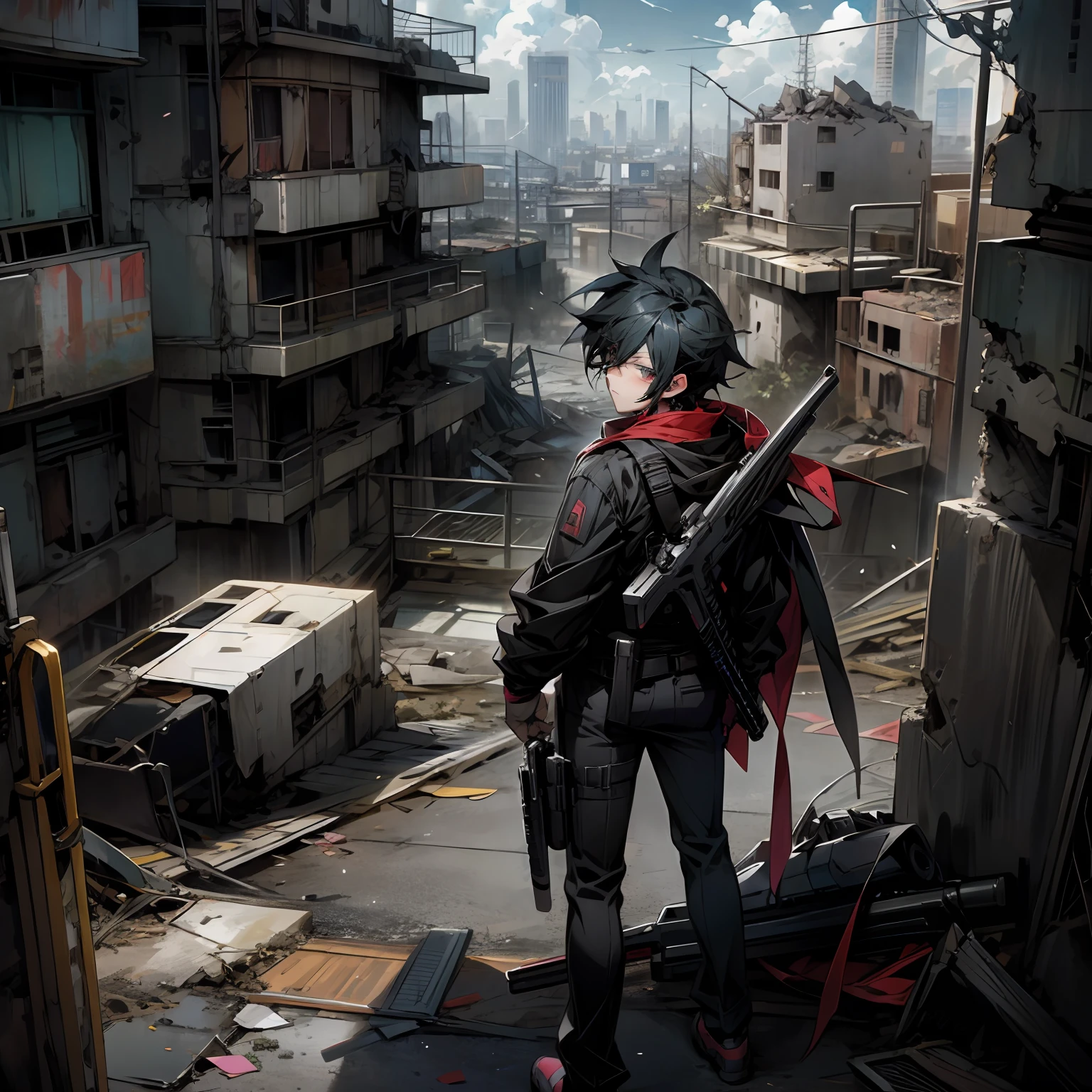 anime boy wearing black clothes, and with a gun on his waist with the scenery of a destroyed city behind him --auto