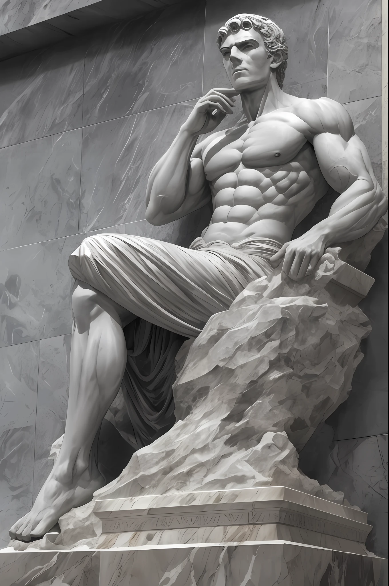 A statue of a Stoic thinker with aesthetic muscle made of white marble with the background of the image all black with some sparkles