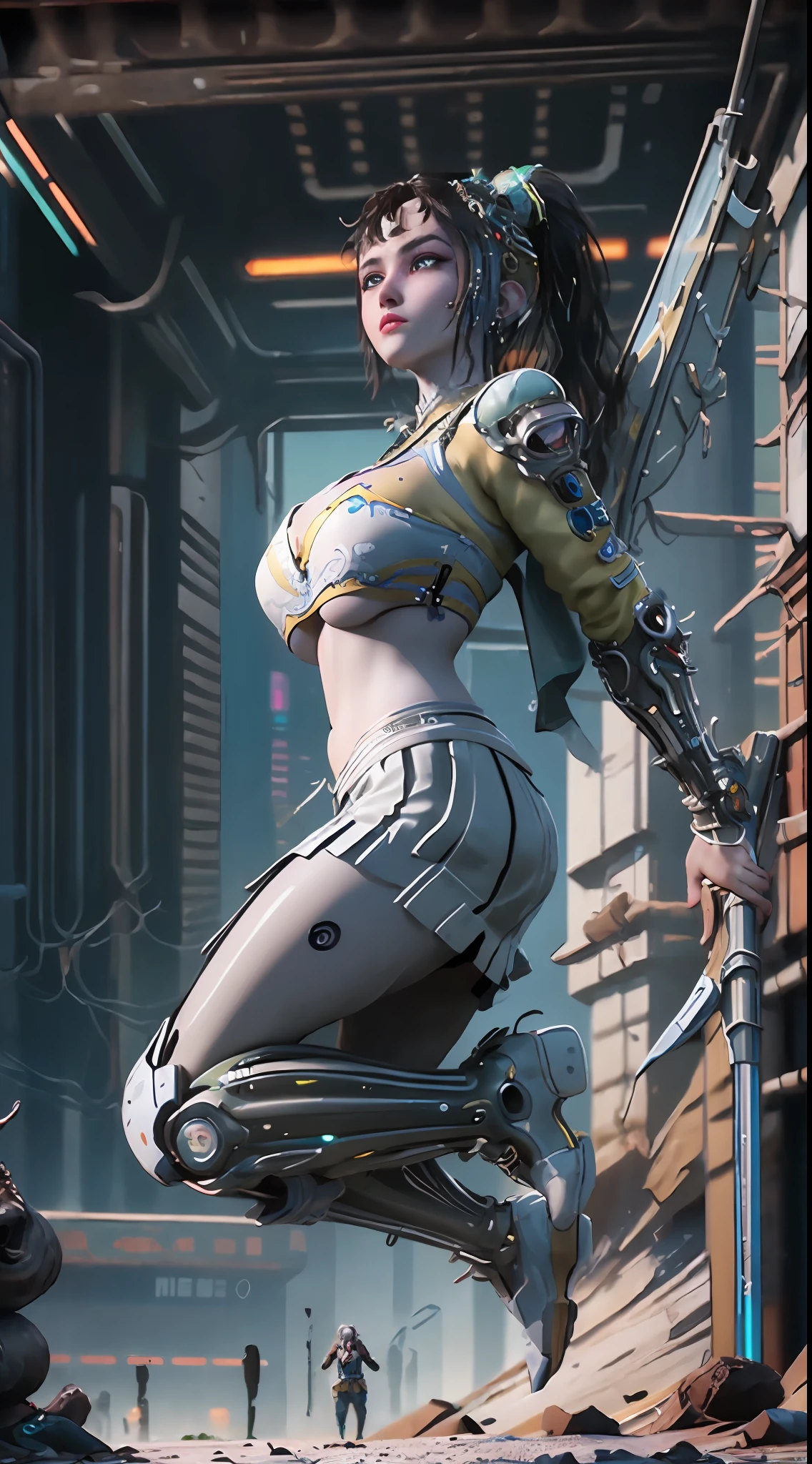 ((Best quality)), ((masterpiece)), (highly detailed:1.3), 3D, beautiful, (cyberpunk:1.6), in space, nebula, (holding_weapon:1.3), laser, (1Female mecha:1.3), sexy body, facing the audience, Glowing eyes, full body, (flying, swooping down, dynamic, motion blur: 1.4), (huge mech wings: 1.6), looking up, glowing_eyes, mecha, panorama, background is earth, nebula, space, particles, Reality, HDR (High Dynamic Range), Ray Tracing, NVIDIA RTX, Super Resolution, Unreal 5, Subsurface Scattering, PBR Textures, Post Processing, Anisotropic Filtering, Depth of Field, Maximum Clarity and Clarity, Multilayer Textures, Albedo and Specular maps, Surface shading, accurate simulation of light-material interaction, perfect proportions, Octane Render, two-tone lighting, large aperture, low ISO, white balance, rule of thirds, 8K RAW, efficient sub-pixel, sub-pixel volume product,  (best quality), (Chinese:1.5) long hair, ultra detailed eye, beautiful face, (big breast:1.2),(underboob:1.5), (white transparent lace mini skirt:1.5)