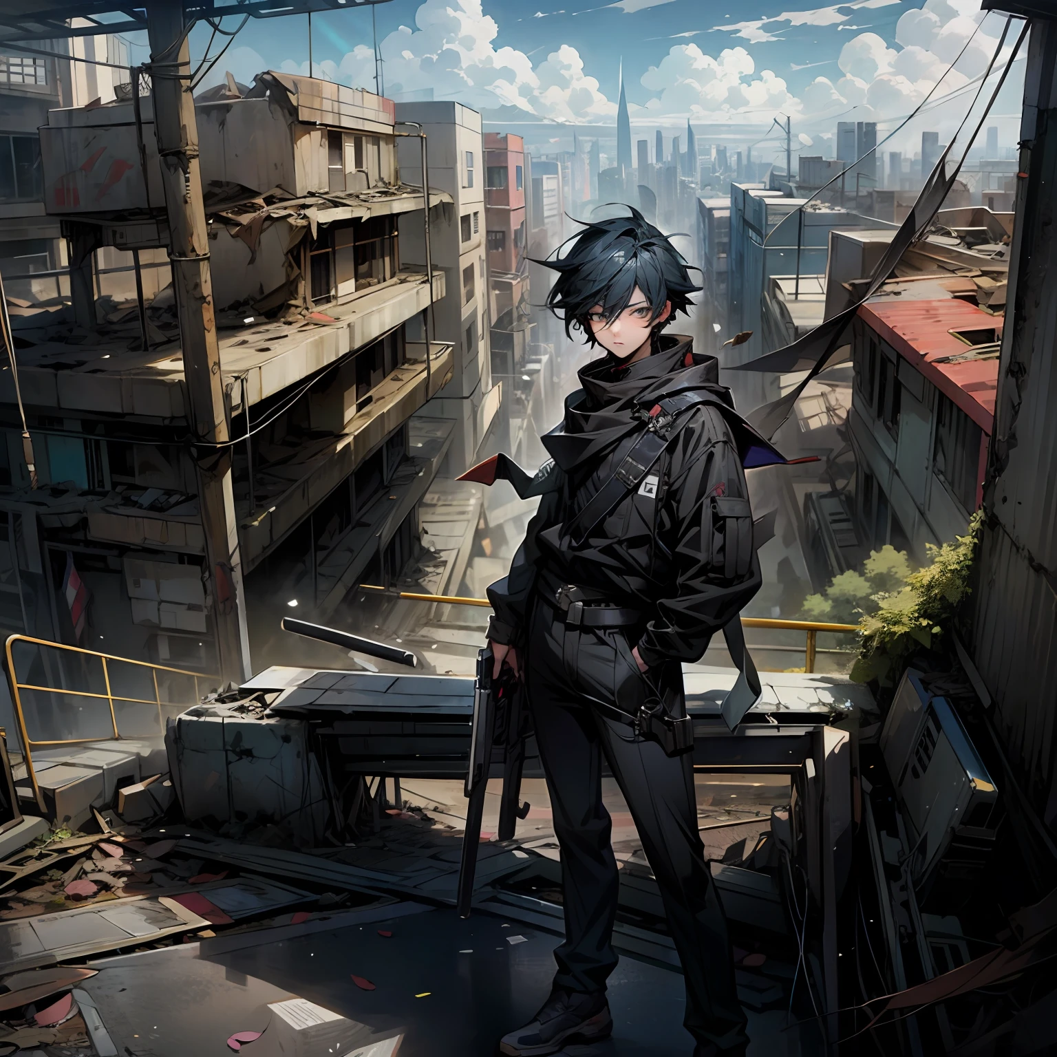 anime boy wearing black clothes, and with a gun on his waist with the scenery of a destroyed city behind him --auto