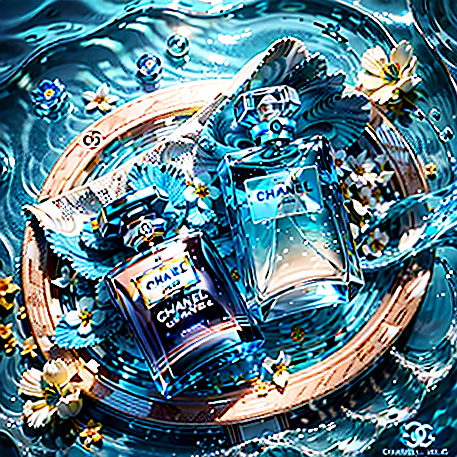 Chanel perfume, in ocean scenes, with waves, Water ripples and flowers, Sunlight, Natural lighting, Doctrine, quiet blue，extremely colorful, Product photography, commerciaphotography, photorelistic, intricately details, 32K, Telephoto lens, Sony lens --AR 9:16