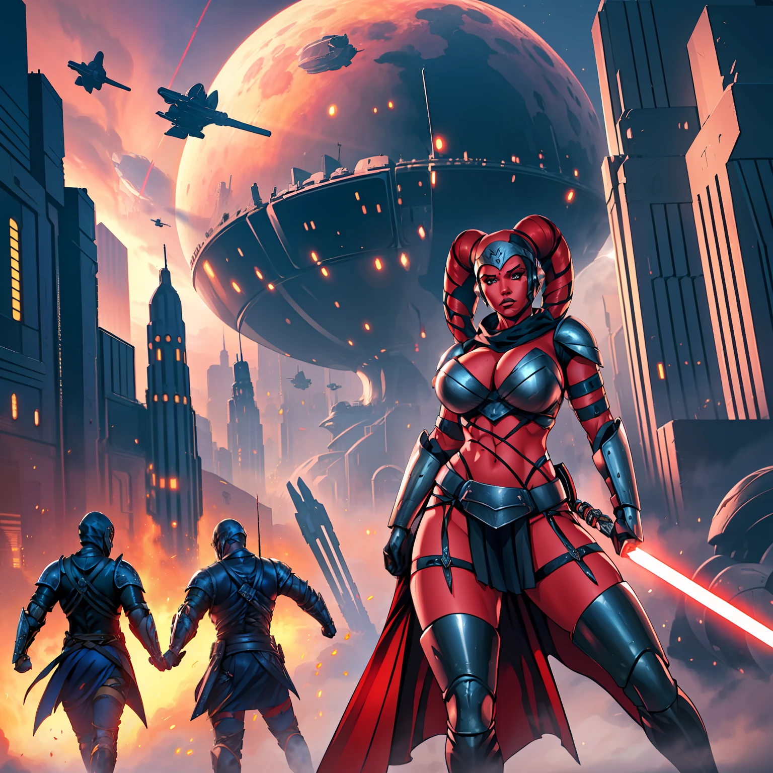 action scene, fighting, masterpiece, best quality, high-definition, armor, busty, ((red skin), twi'lek), dual red lightsabers, evil space knight, space ninja, (wearing black robes, black stealth armor, breastplate, tunic, tabard, cowl, cloak, body glove, straps, buckles, skirts, long sleeves, fantasy, ((armor))), ((busty), slender body, thin, slim sexy body, slim waist, ((gigantic breasts))), Imperial starship, Star Wars, futuristic city, warzone