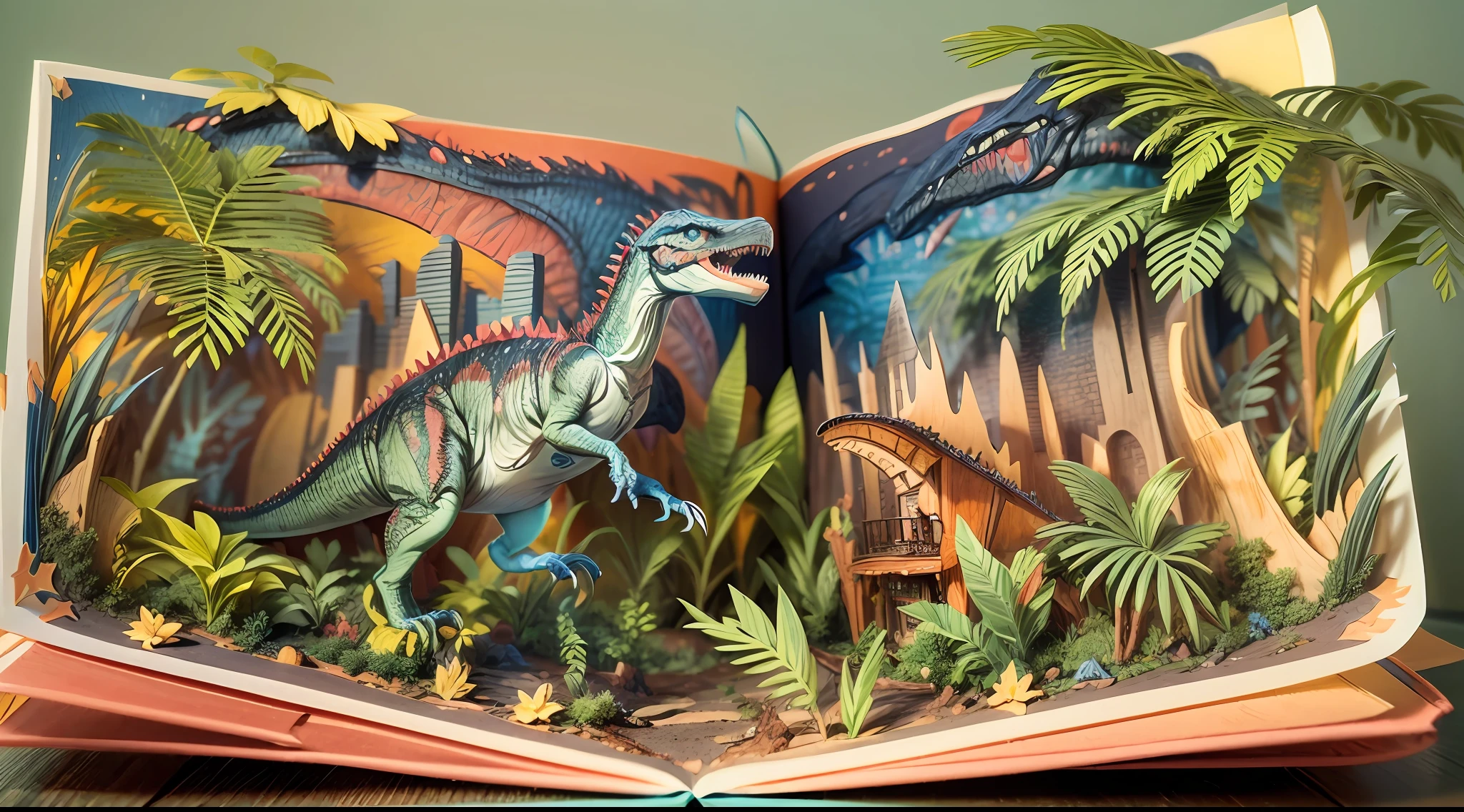 (popup book:1.5),(Jurassic World),(extremely colorful, Best quality, Detailed details, Masterpiece, offcial art, movie light effect, 4K, Chiaroscuro)