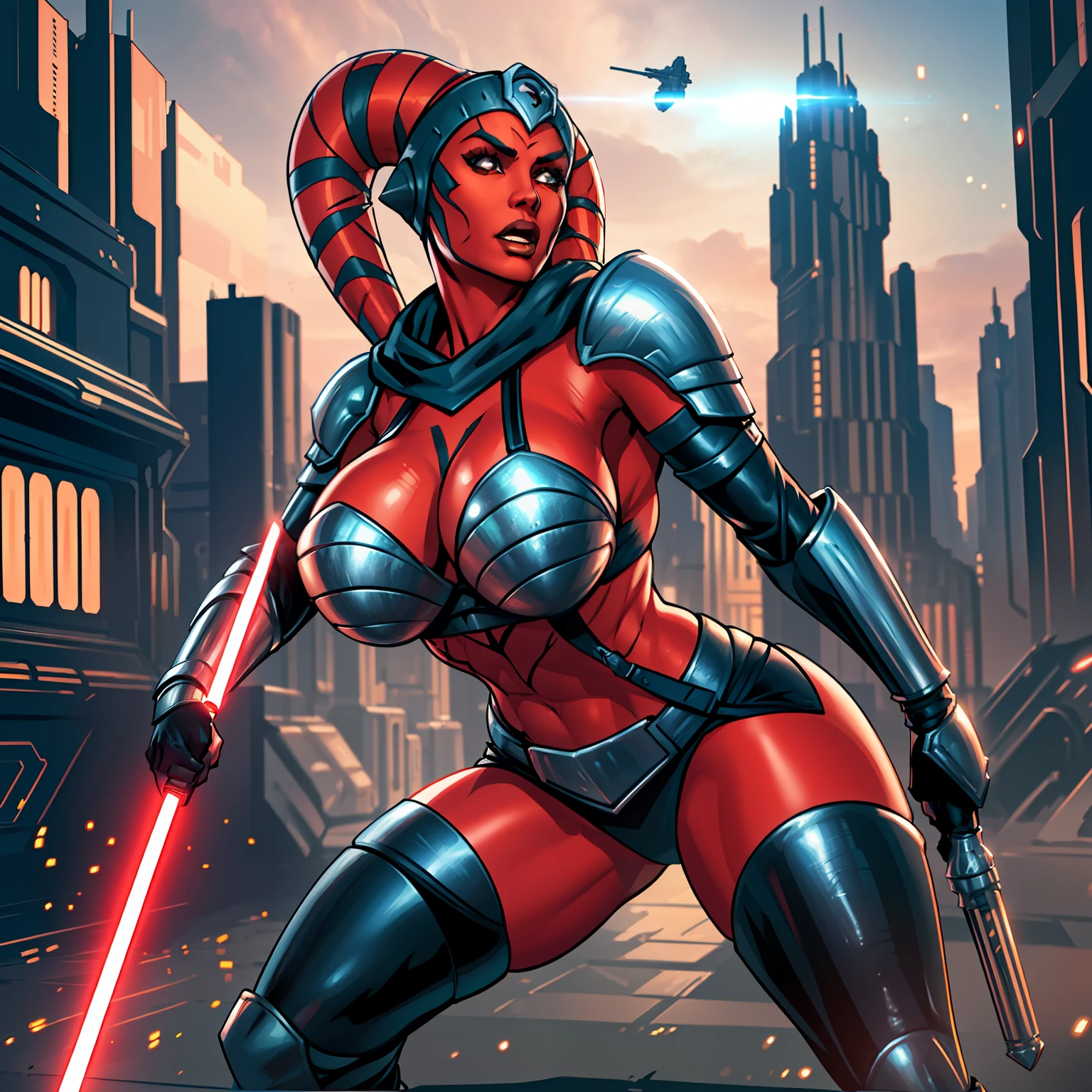 action scene, fighting, masterpiece, best quality, high-definition, armor, busty, ((red skin), twi'lek), dual red lightsabers, evil space knight, space ninja, (wearing black robes, black stealth armor, breastplate, tunic, tabard, cowl, cloak, body glove, straps, buckles, skirts, long sleeves, fantasy, ((armor))), ((busty), slender body, thin, slim sexy body, slim waist, ((gigantic breasts))), Imperial starship, Star Wars, futuristic city, warzone