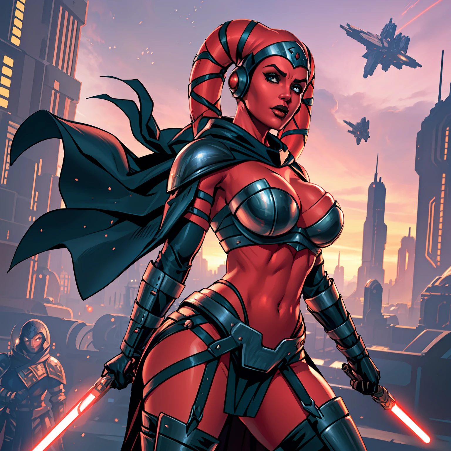 action scene, fighting, masterpiece, best quality, high-definition, armor, busty, ((red skin), twi'lek), dual red lightsabers, evil space knight, space ninja, (wearing black robes, black stealth armor, breastplate, tunic, tabard, cowl, cloak, body glove, straps, buckles, skirts, long sleeves, fantasy, ((armor))), ((busty), slender body, thin, slim sexy body, slim waist, ((gigantic breasts))), Imperial starship, Star Wars, futuristic city, warzone