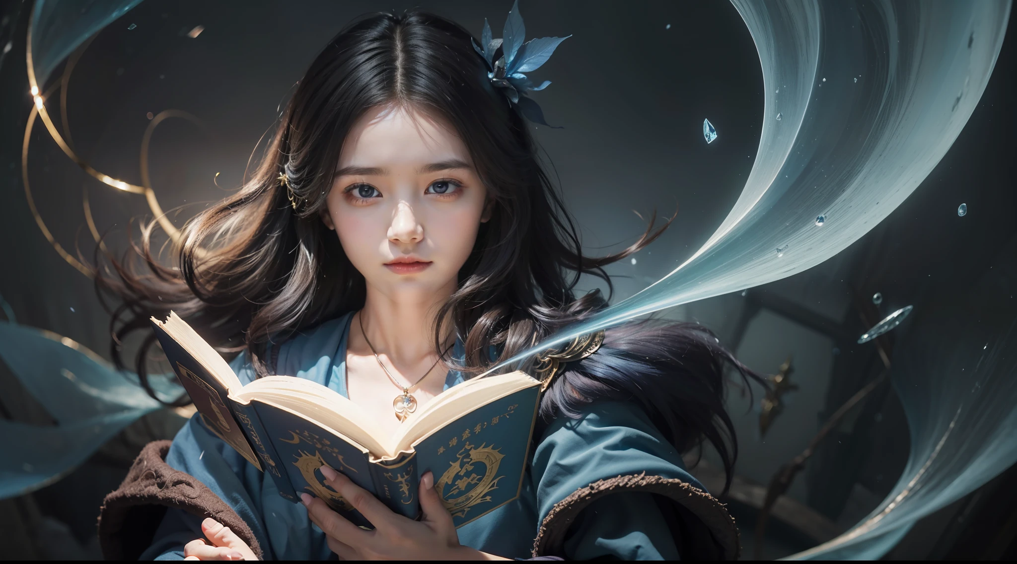 A castle sealed in a magic book、One beautiful girl breaking the seal、Wizard robes、Long hair fluttering in the wind、Blood,Night, Dark, (Fantasy),infinite,deep blue sky,The abyss of knowledge、Imaginary Crystal Castle、Super delicate CG Unity 32k wallpaper、​masterpiece, ((ultra-detailliert)), ((illustratio)),colourfull,wall-paper,The energy,Unknown terror,Incomprehensible,Around the magic,Magical surroundings,magic wands,Boken,Flying pages、Infinite wisdom、blue flames