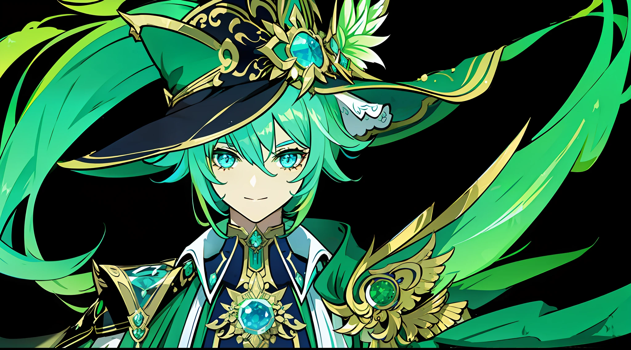 "Um homem de cabelos pretos e mechas verdes, com uma espada de jade encantadora, wearing a typical magician's hat, sorrindo, iluminado por holofotes."