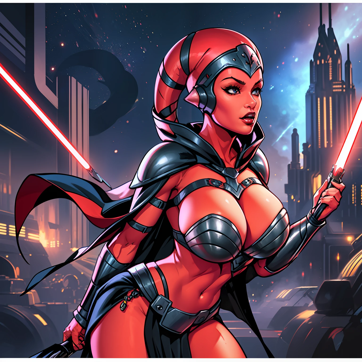 propaganda poster, sexy pose, masterpiece, best quality, high-definition, armor, busty, ((red skin), twi'lek), dual red lightsabers, sexy evil space knight, space ninja, (wearing black robes, black stealth armor, breastplate, tunic, tabard, cowl, cloak, body glove, straps, buckles, skirts, long sleeves, fantasy, ((armor))), ((busty), slender body, thin, slim sexy body, slim waist, ((gigantic breasts))), Imperial starship, Star Wars, military parade