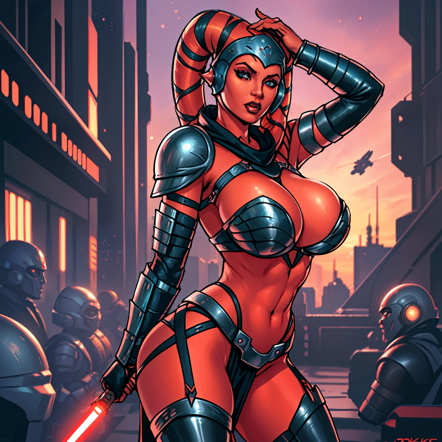 propaganda poster, sexy pose, masterpiece, best quality, high-definition, armor, busty, ((red skin), twi'lek), dual red lightsabers, sexy evil space knight, space ninja, (wearing black robes, black stealth armor, breastplate, tunic, tabard, cowl, cloak, body glove, straps, buckles, skirts, long sleeves, fantasy, ((armor))), ((busty), slender body, thin, slim sexy body, slim waist, ((gigantic breasts))), Imperial starship, Star Wars, military parade