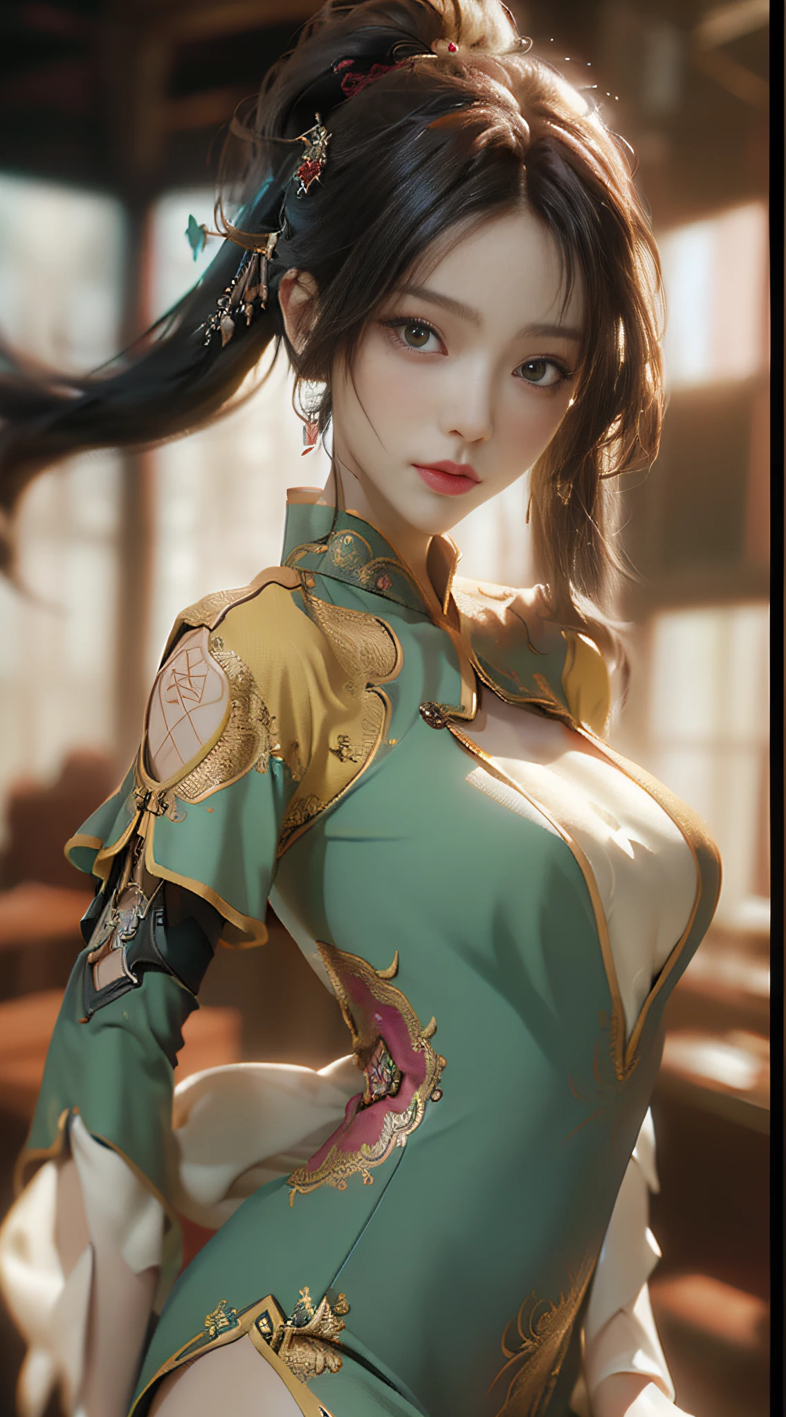 ((best qualtiy)), ((tmasterpiece)), (the detail:1.4), 3D, A beautiful cyberpunk female image,HDR(HighDynamicRange),Ray traching,NVIDIA RTX,Super-Resolution,Unreal 5,Subsurface scattering、PBR Texture、post-proces、Anisotropy Filtering、depth of fields、maximum definition and sharpness、Many-Layer Textures、big breasts exposed cleavage、Tong、Oriental dancer dress,Albedo e mapas Speculares、Surface Coloring、Accurate simulation of light-material interactions、perfectly proportions、Octane Render、Two-colored light、largeaperture、Low ISO、White balance、the rule of thirds、8K RAW、