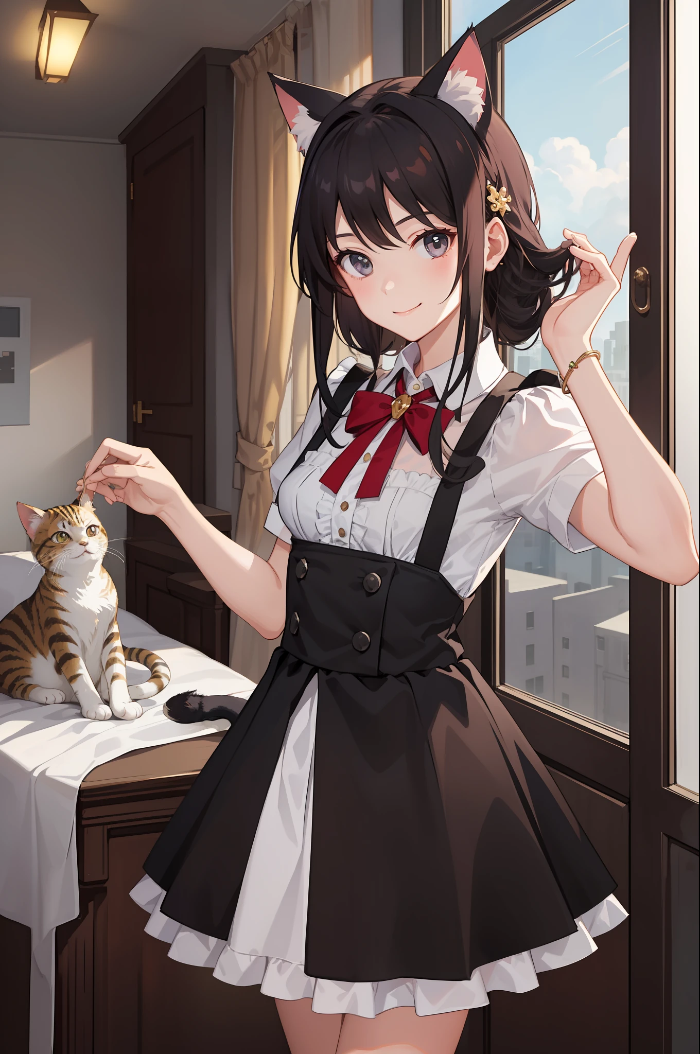 1girl in、A smile、A delightful、skirt by the、(small tits)Chilarism、doress、pinafore,,,,,,、Maids,,,,,,,,、hair adornments、movement、Cat's ears