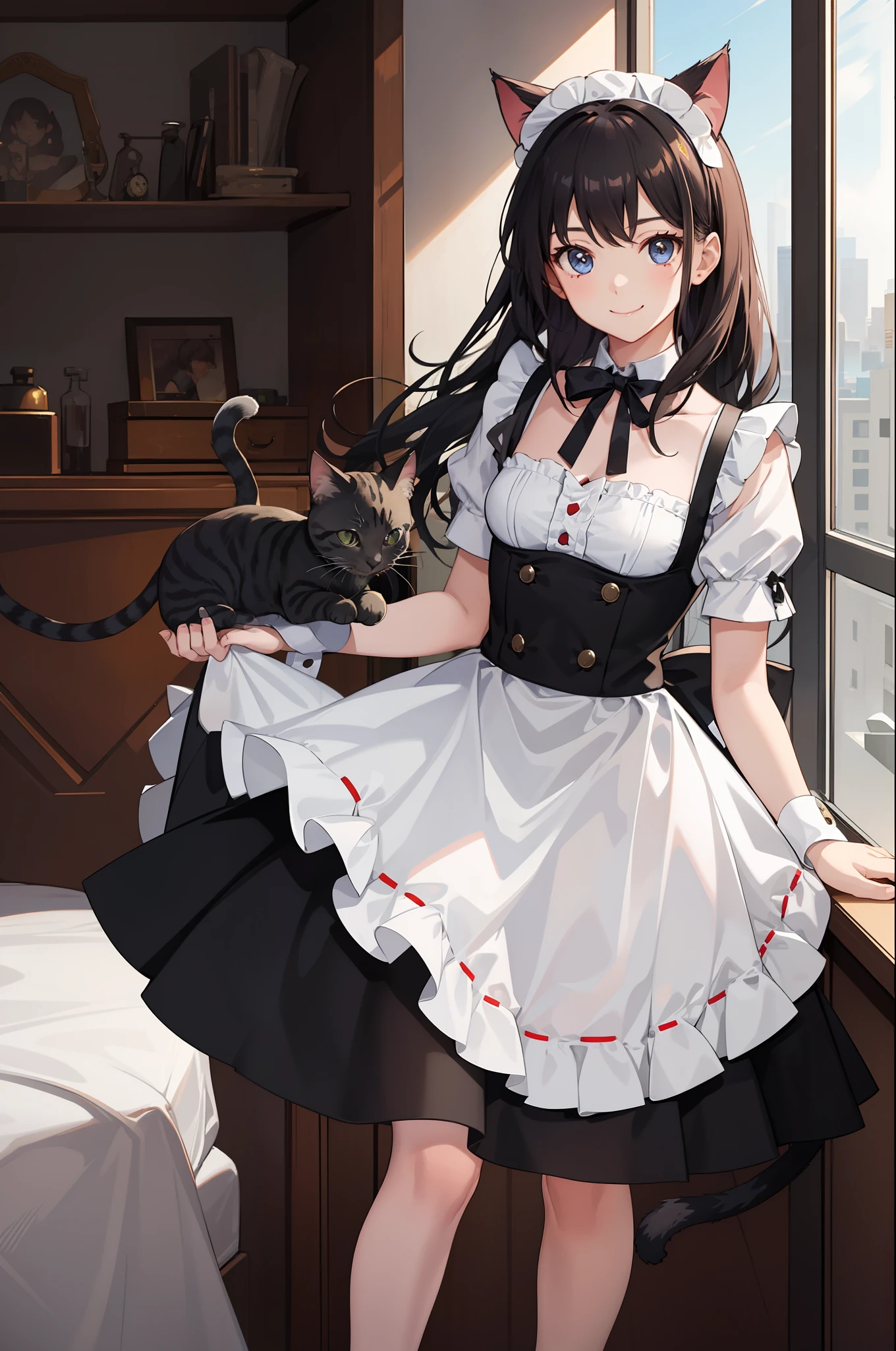 1girl in、A smile、A delightful、skirt by the、(small tits)Chilarism、doress、pinafore,,,,,,、Maids,,,,,,,,、hair adornments、movement、Cat's ears