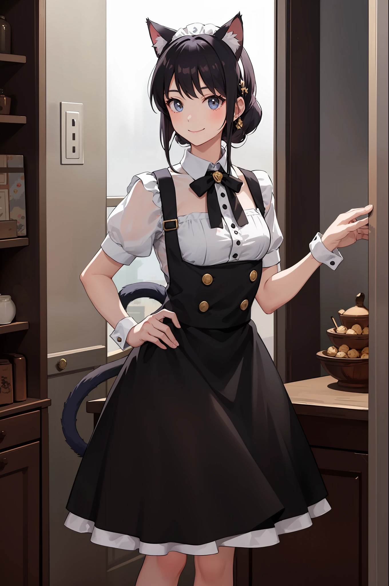 1girl in、A smile、A delightful、skirt by the、(small tits)Chilarism、doress、pinafore,,,,,,、Maids,,,,,,,,、hair adornments、movement、Cat's ears