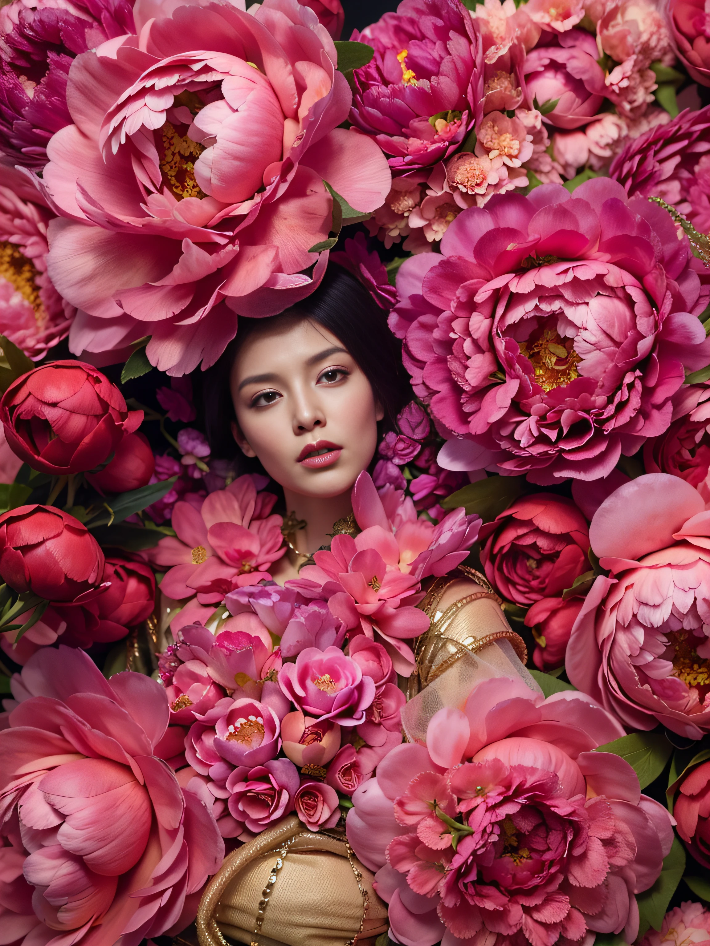 Haute couture models take center stage in a sea of vibrant peonies, Decorated in the Bottega Veneta ensemble. Aerial view, V Magazine, As Nadav Kander's creative eye captures