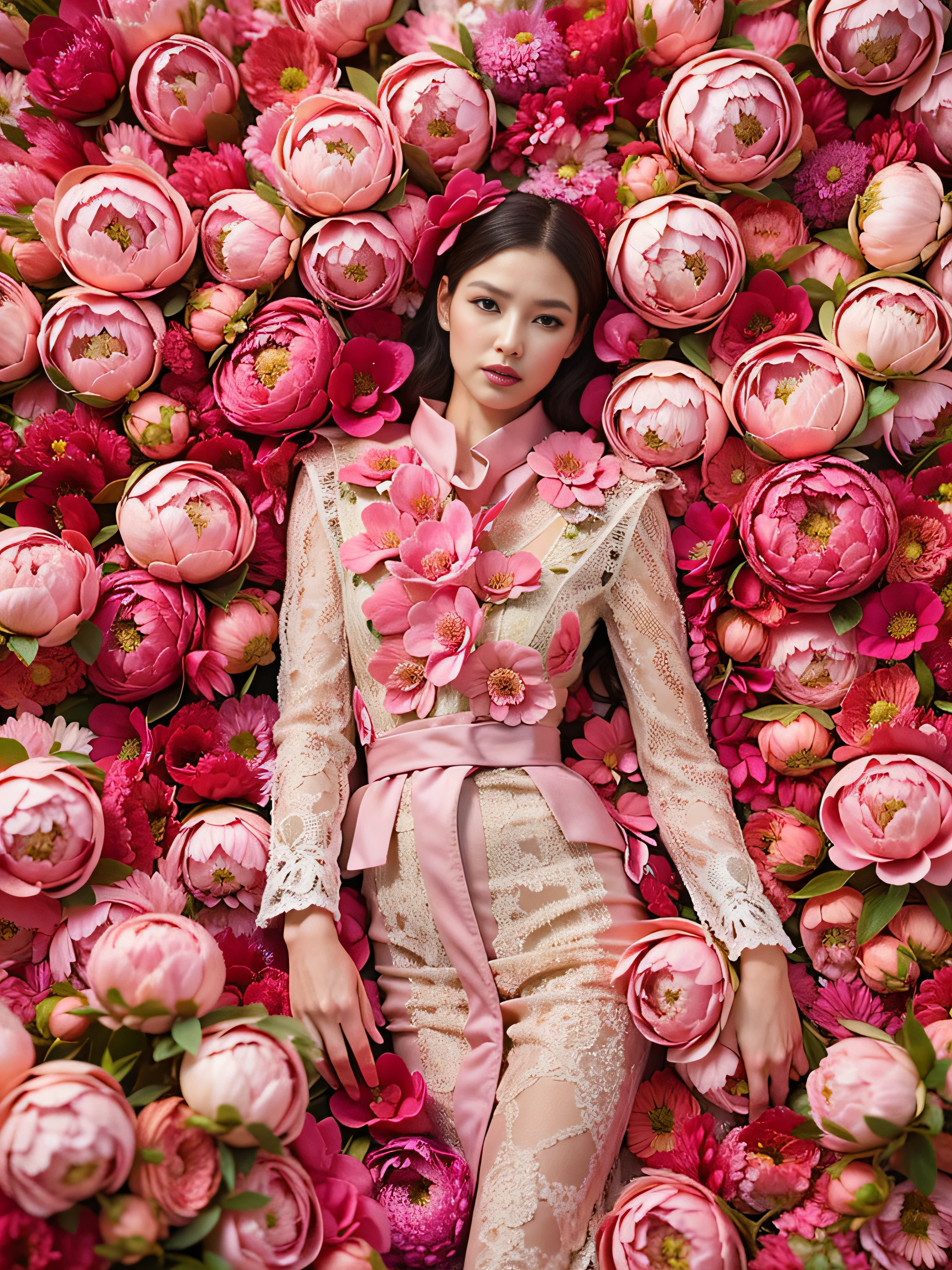 A high-fashion model takes center stage amidst a sea of vibrant peonies, decked in a Bottega Veneta ensemble. Aerial view, V Magazine, as captured by the creative eye of Nadav Kander