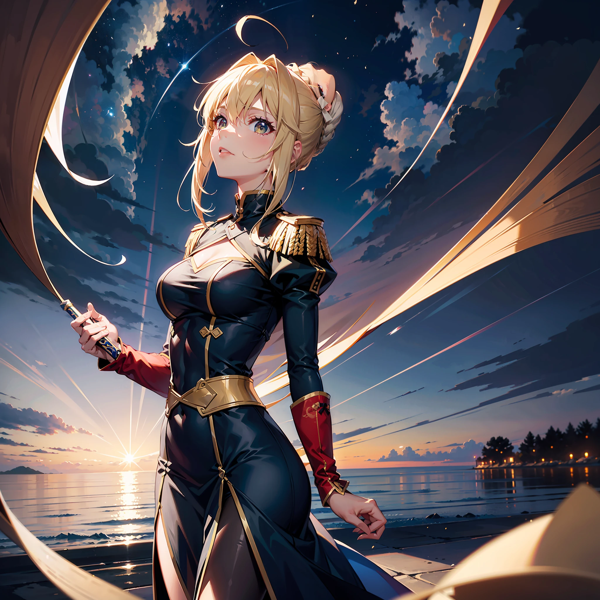 (obra-prima:1.4), (melhor qualidade:1.4), 1girl, solo, (artoria pendragon dark \(destino\):1.2), sabre dark, corrompida, whitish blonde hair, cabelo curto,ahoge,, fita, vestido blindado preto, fita de cabelo, vestido preto, Looking Up The Sky, vestido escuro, parte superior do corpo, paisagem celestial, heaven, noite,anime, raytracing, 8k.
