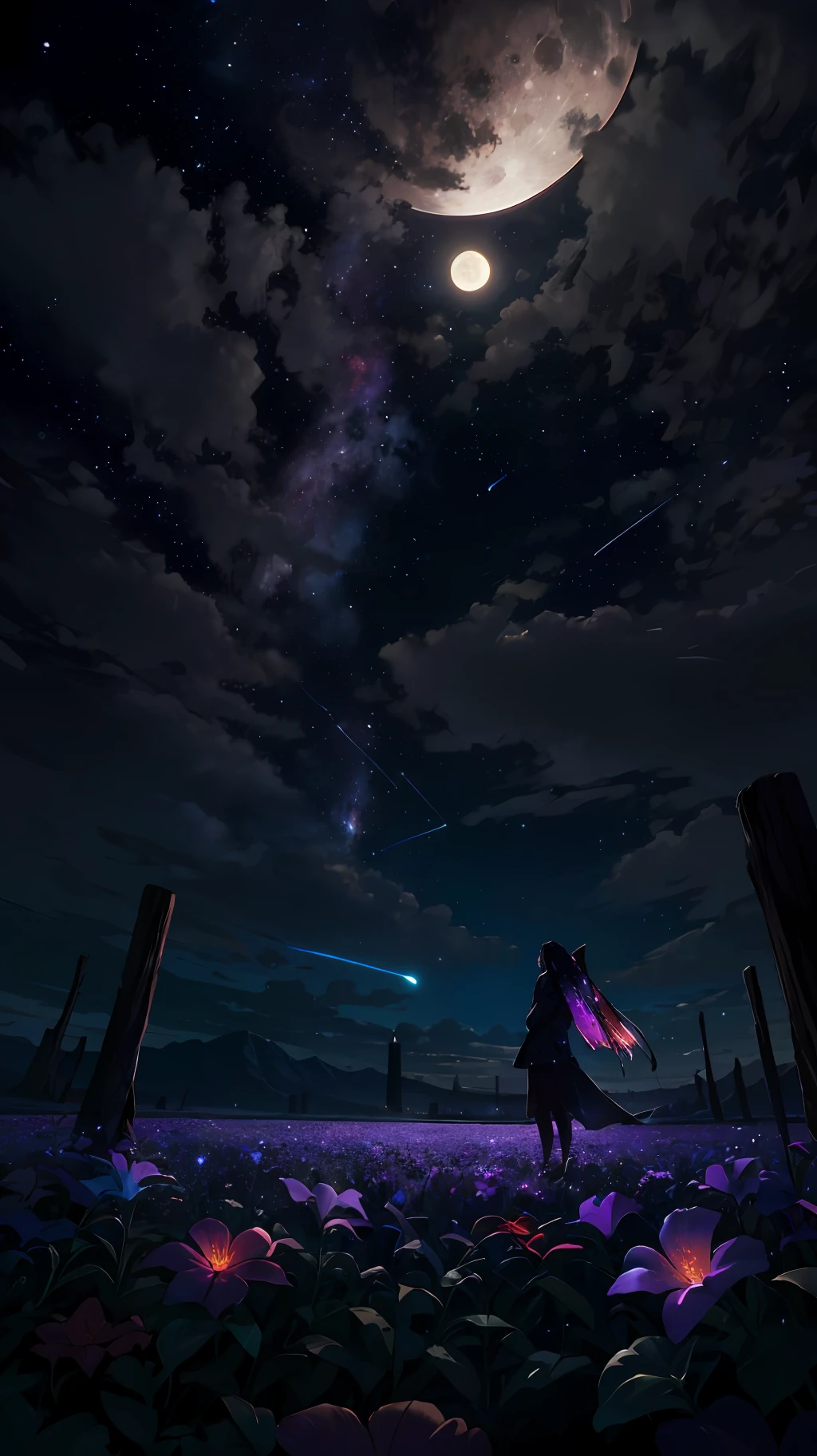 expansive landscape photograph , (a view from below that shows sky above and open field below), a girl standing on flower field looking up, (full moon:1.2), ( shooting stars:0.9), (nebula:1.3), distant mountain, tree BREAK production art, (warm light source:1.2), (Firefly:1.2), lamp, lot of purple and orange, intricate details, volumetric lighting BREAK (masterpiece:1.2), (best quality), 4k, ultra-detailed, (dynamic composition:1.4), highly detailed, colorful details,( iridescent colors:1.2), (glowing lighting, atmospheric lighting), dreamy, magical, (solo:1.2)