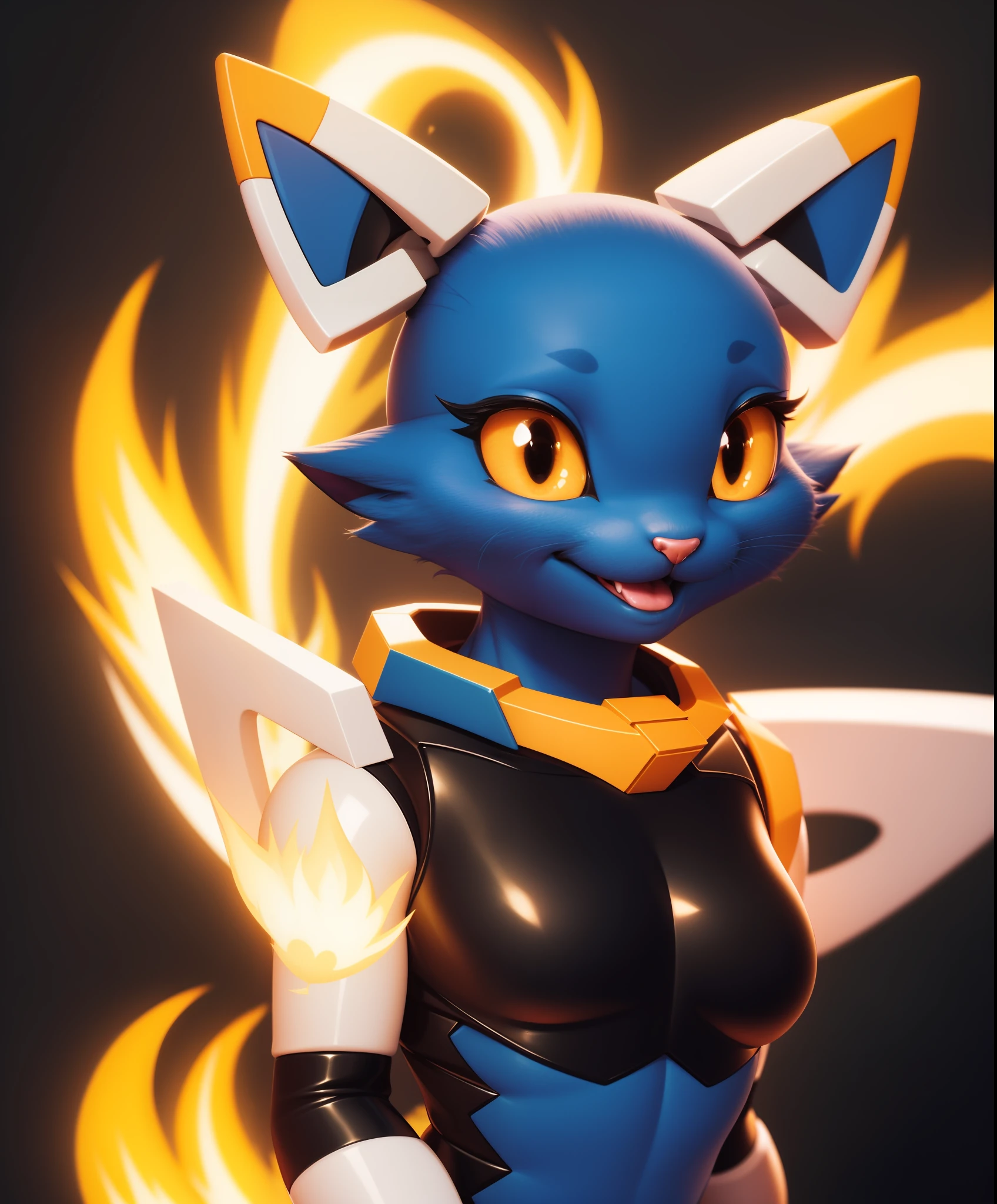 esix, cat girl, furry anthro, floating ears, flaming tail, portrait, blue body, solo, (best quality), sexy pose, smile, black-yellow eyes, simple blue background,