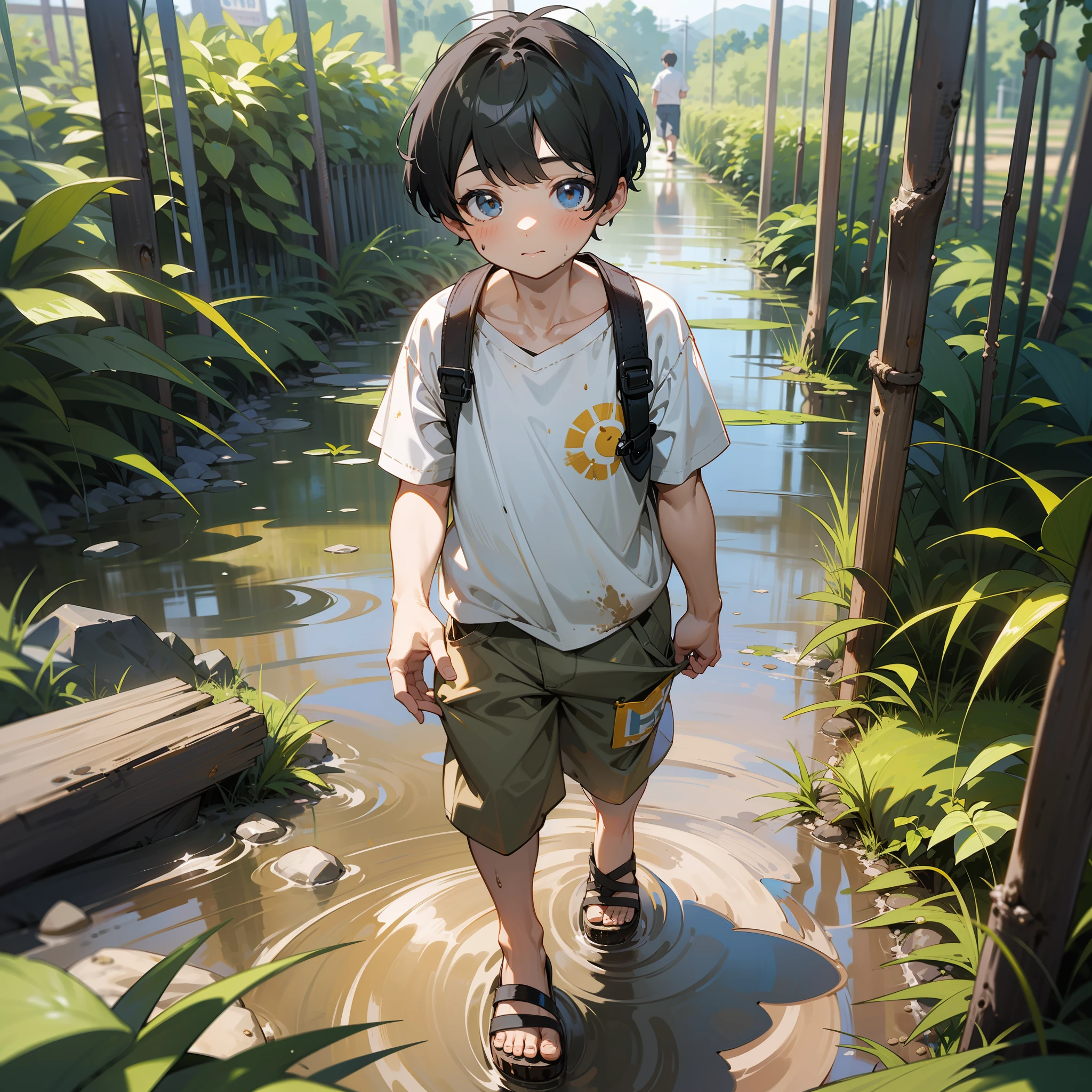 A 6--old  walks in the mud，Slightly fat，White top，Untidy bangs，Shota，sandals，sludgy，Dirty，footprints。and the sun was shining brightly，quadratic element