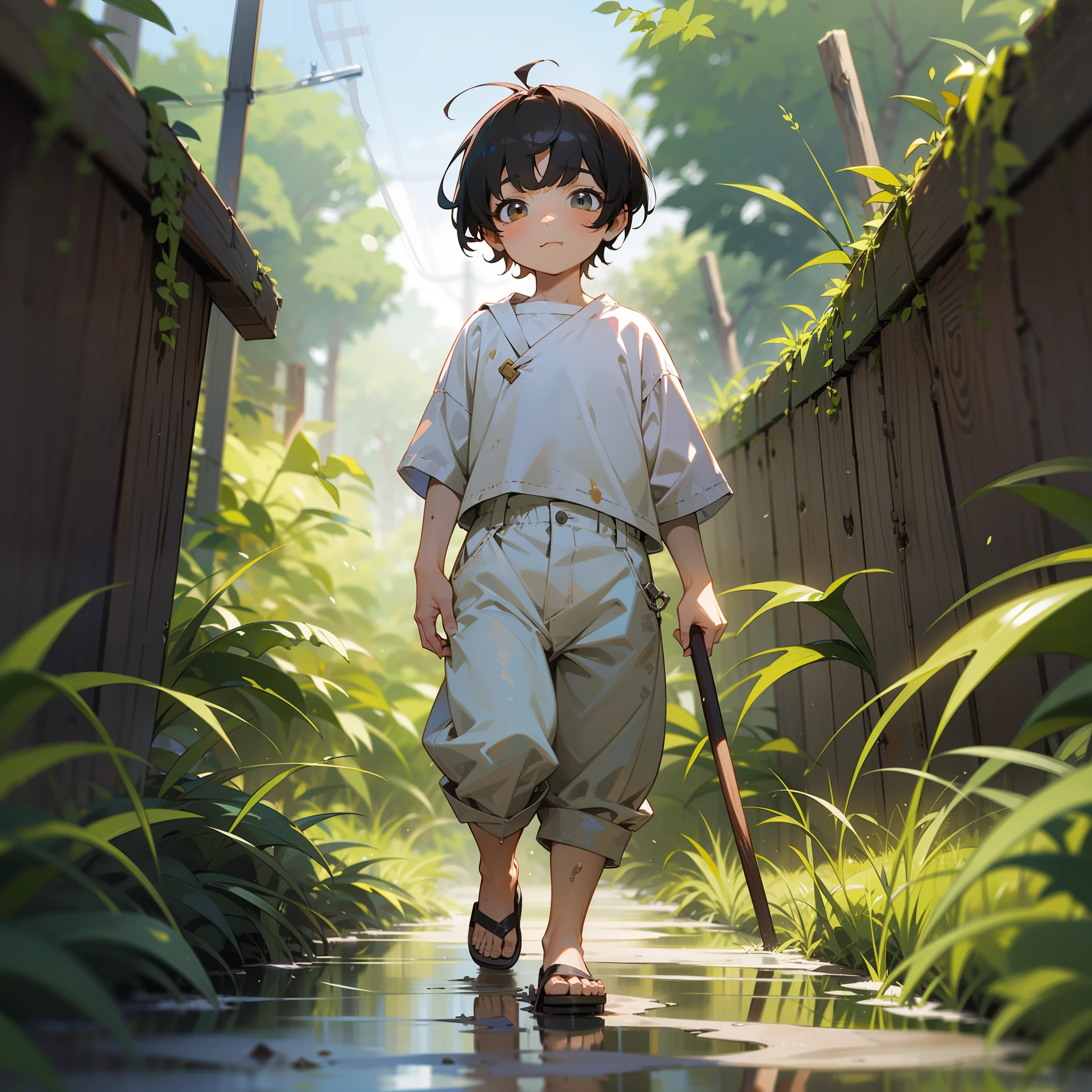 A 6-year-old boy walks in the mud，Slightly fat，White top，Untidy bangs，Shota，sandals，sludgy，Dirty，footprints。and the sun was shining brightly，quadratic element