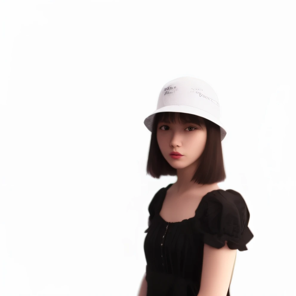 Allard woman in black dress and white hat, with hat, She wears a cap, Guviz, with black background, Bucket hat, wearing a cute hat, wearing a strange hat, White hat, live2d virtual youtuber model, chiho, it's wearing a cute little hat, wearing a white bathing cap, Wearing a hat