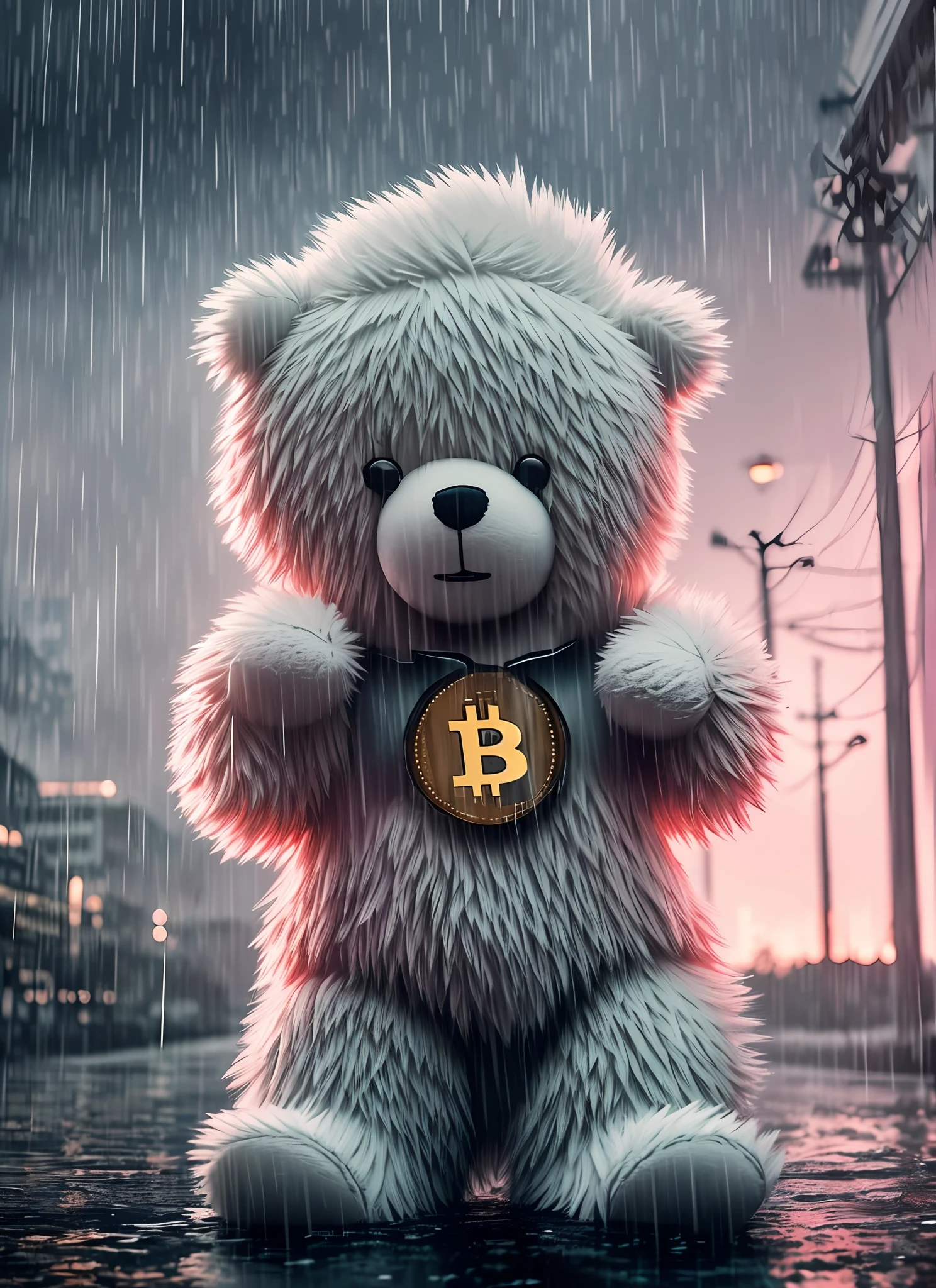 "Soaked plush teddy bear, bitcoin, cyberpunk character:1.1, rainy atmosphere, Epic realism, Lutkovsky style, High Dynamic Range, Fine and intricate details, Cinematic composition, rim-light, pastel color palette."