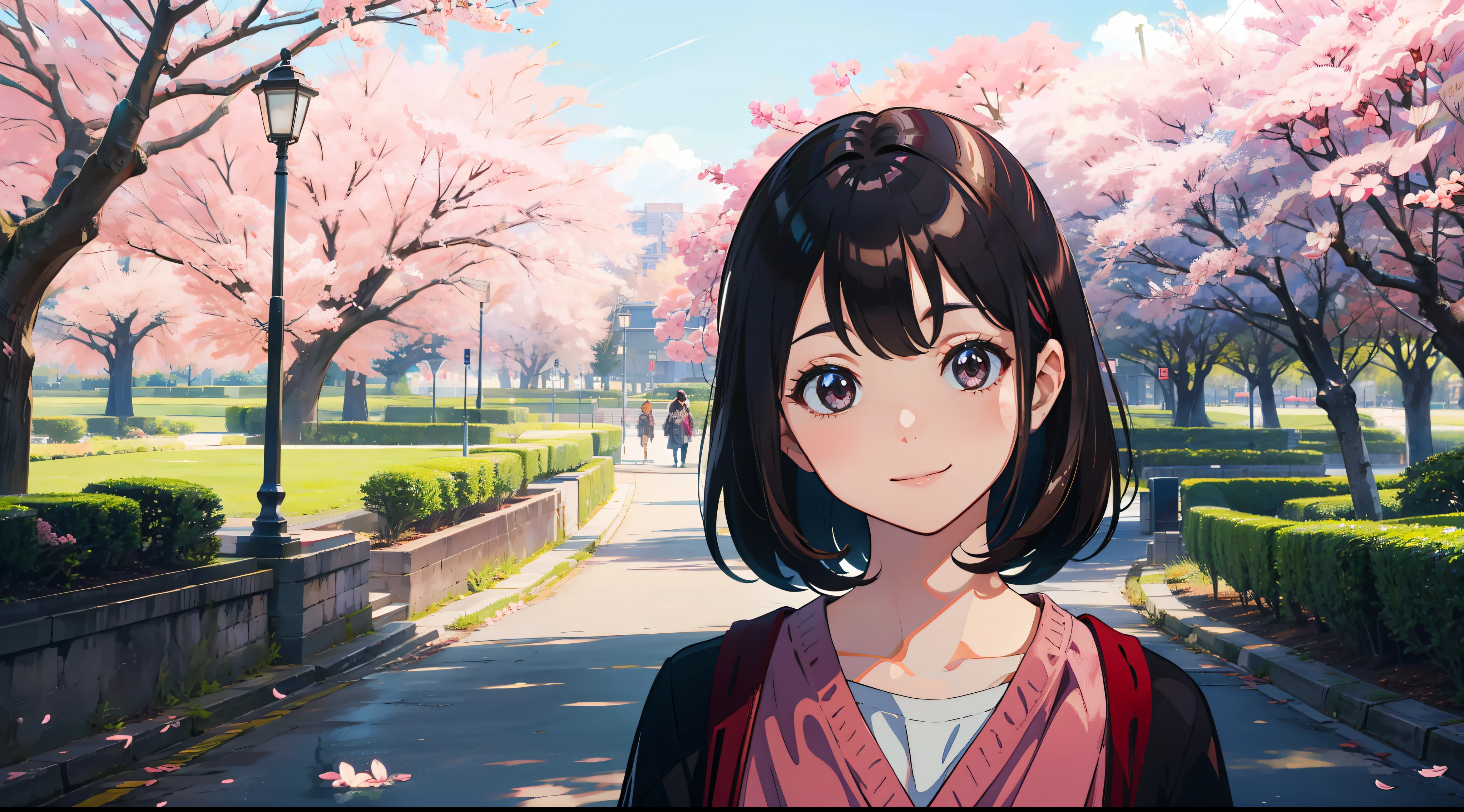 city, day, maruyama park, cherry blossom festival, womman, beauty, smile, mature, casual, see up, tilting face, wide lens, hdr